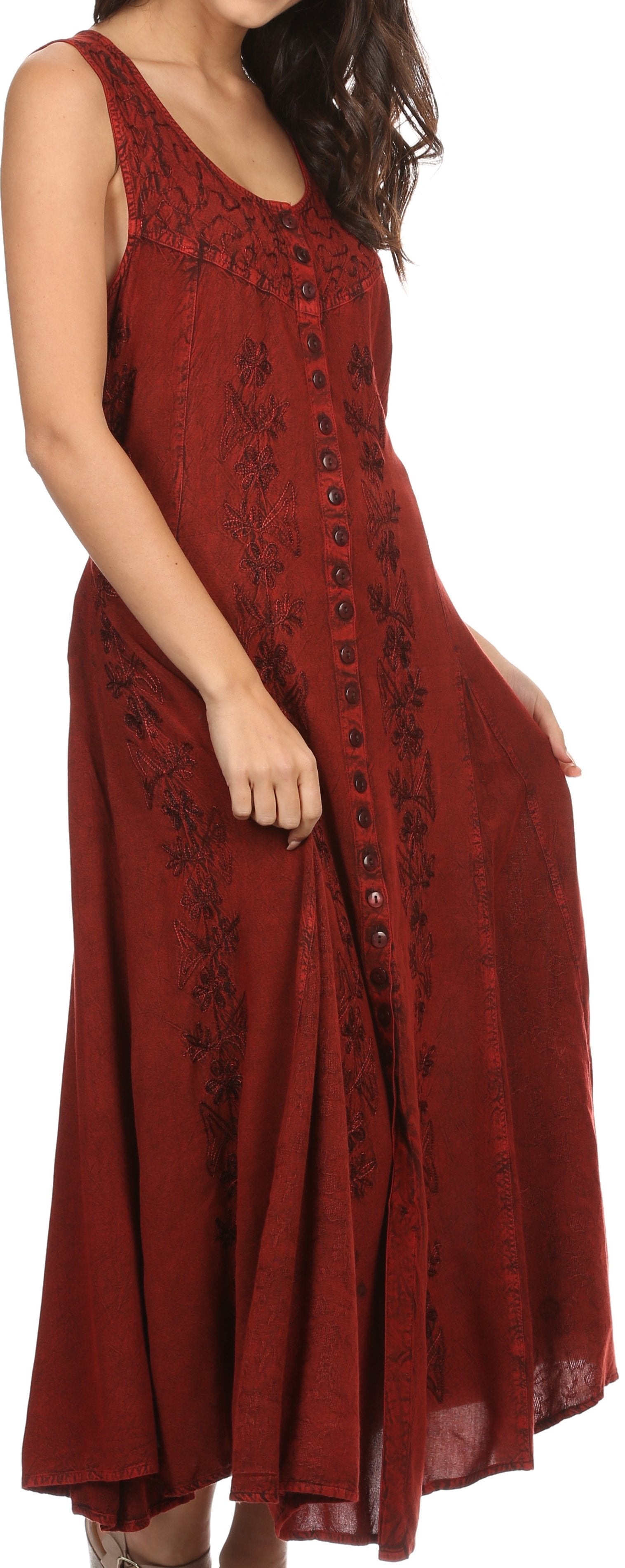 Sakkas - Maya Floral Embroidered Sleeveless Button Up Rayon Dress