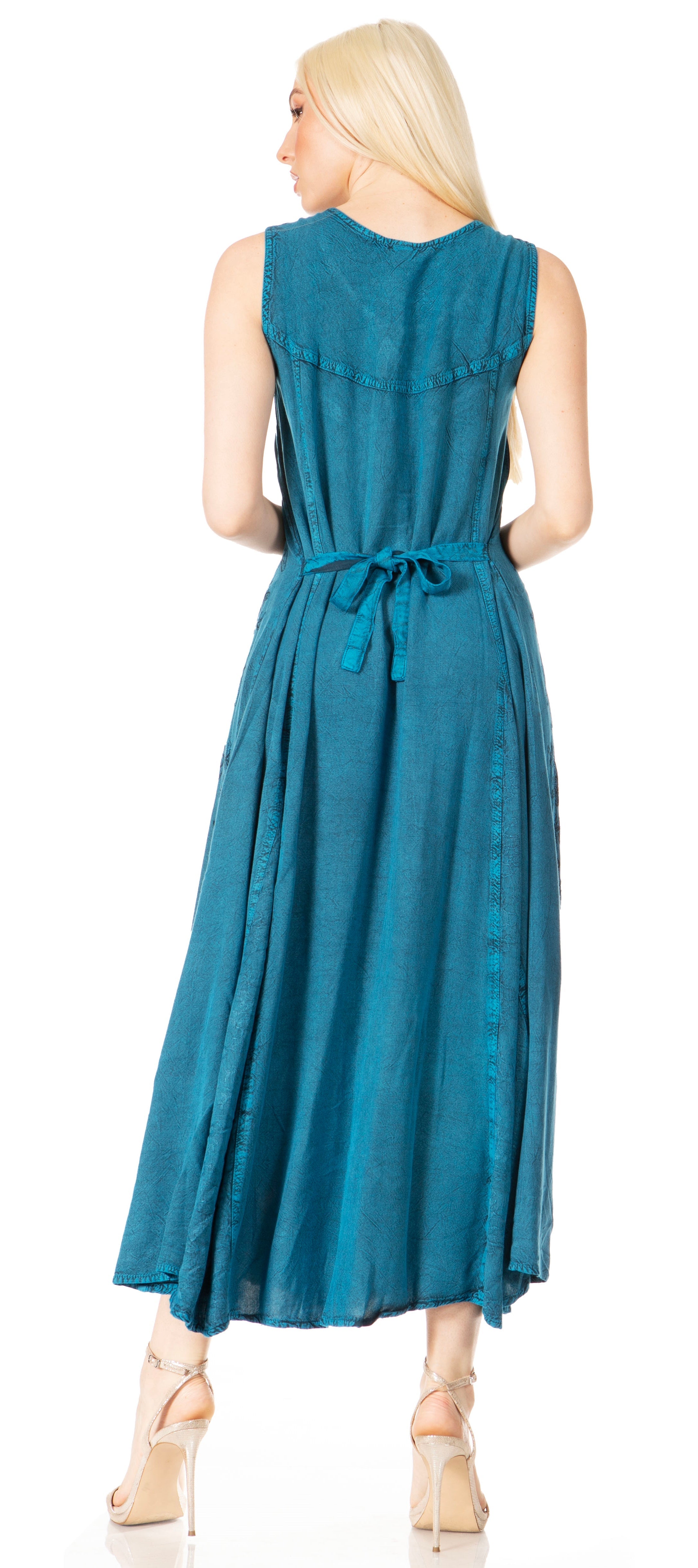 Sakkas - Maya Floral Embroidered Sleeveless Button Up Rayon Dress