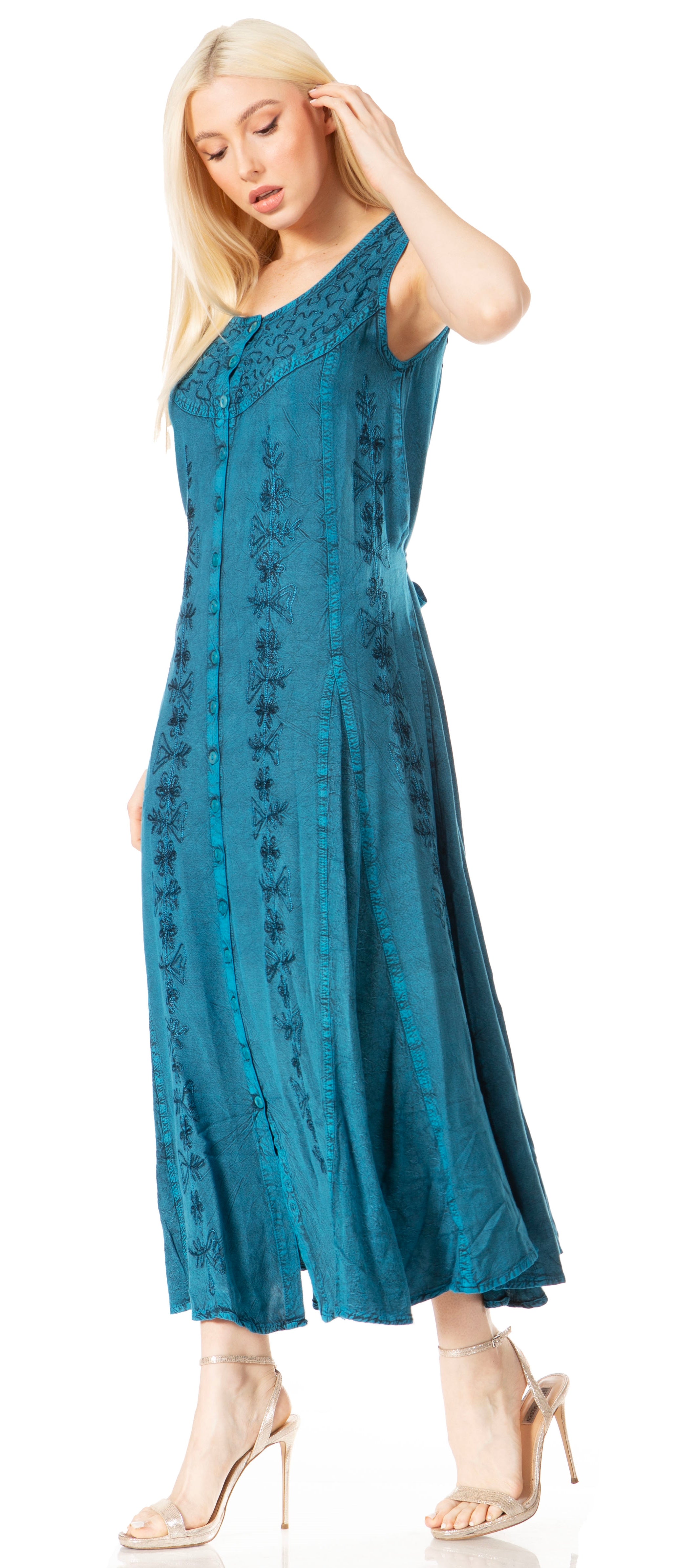 Sakkas - Maya Floral Embroidered Sleeveless Button Up Rayon Dress