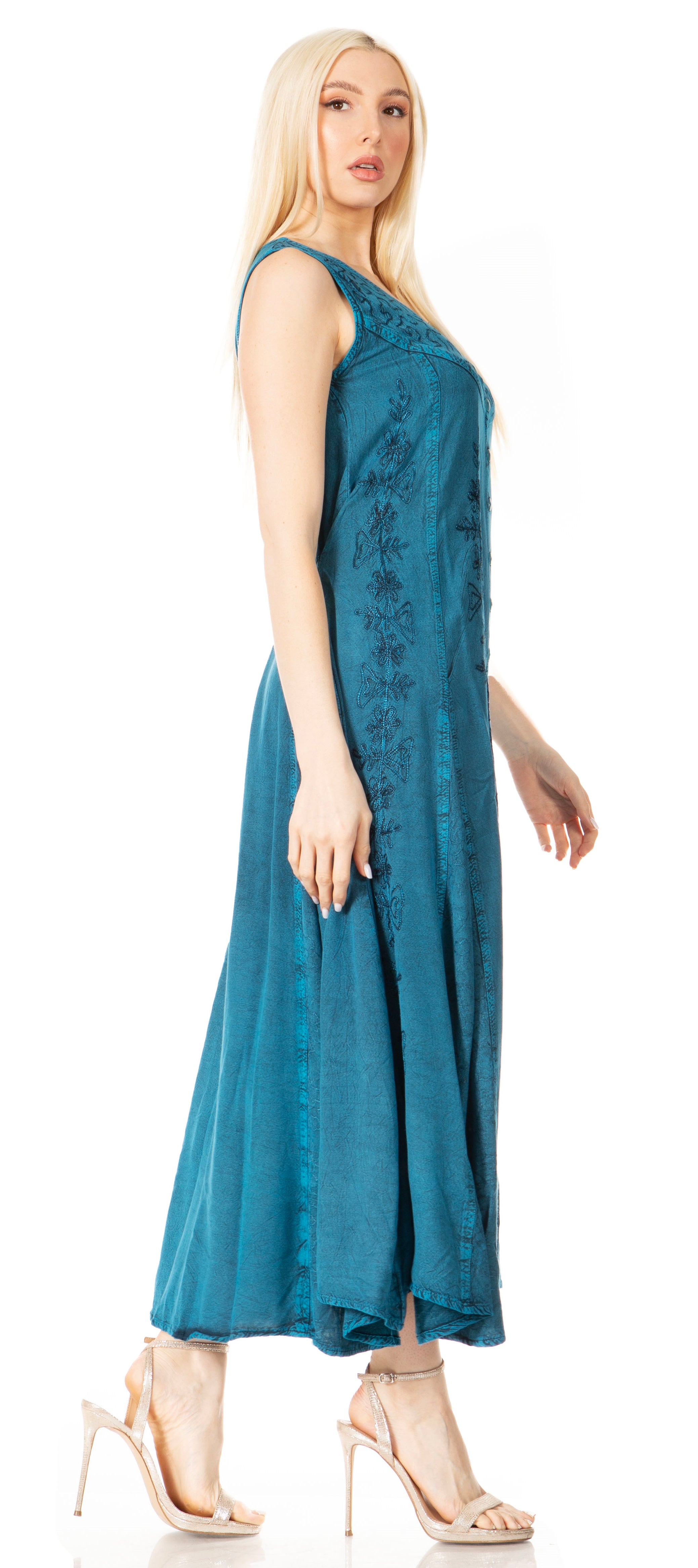 Sakkas - Maya Floral Embroidered Sleeveless Button Up Rayon Dress
