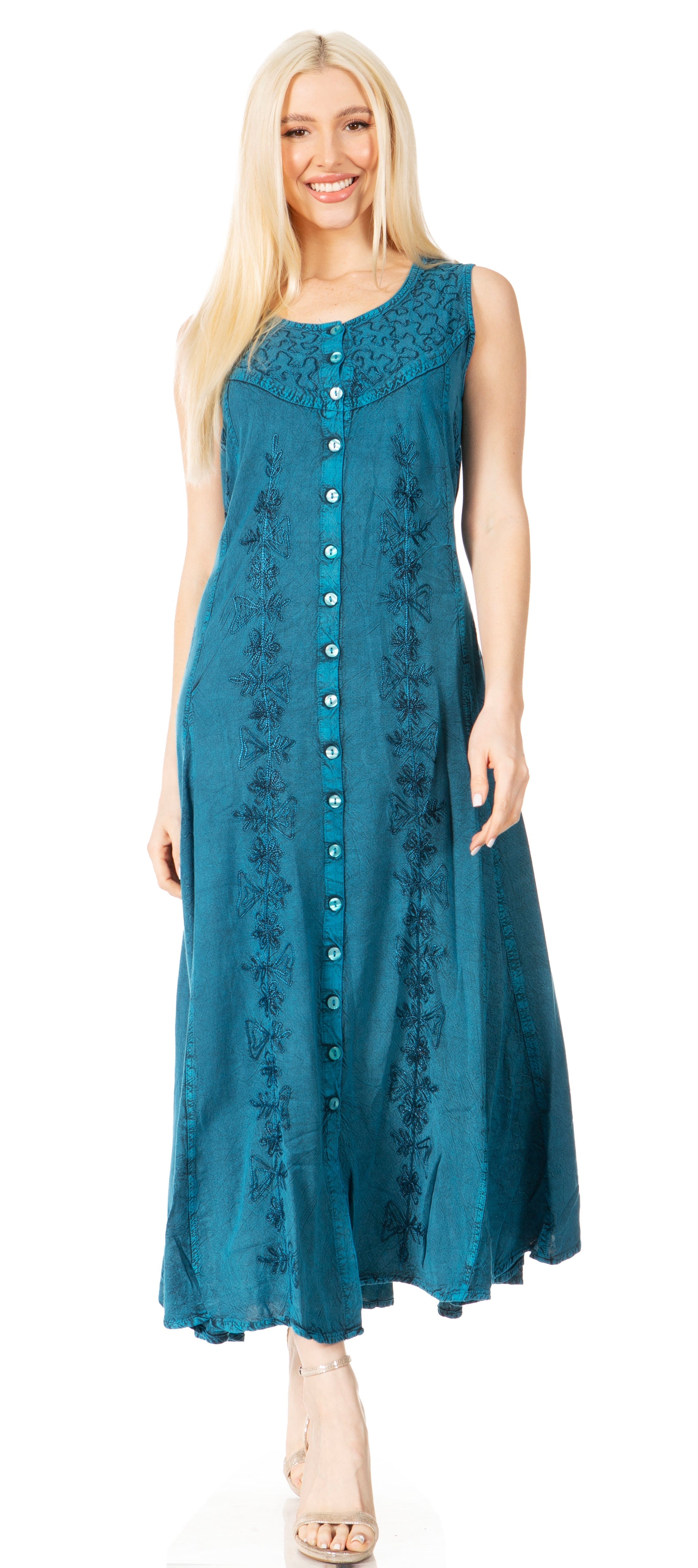 Sakkas - Maya Floral Embroidered Sleeveless Button Up Rayon Dress