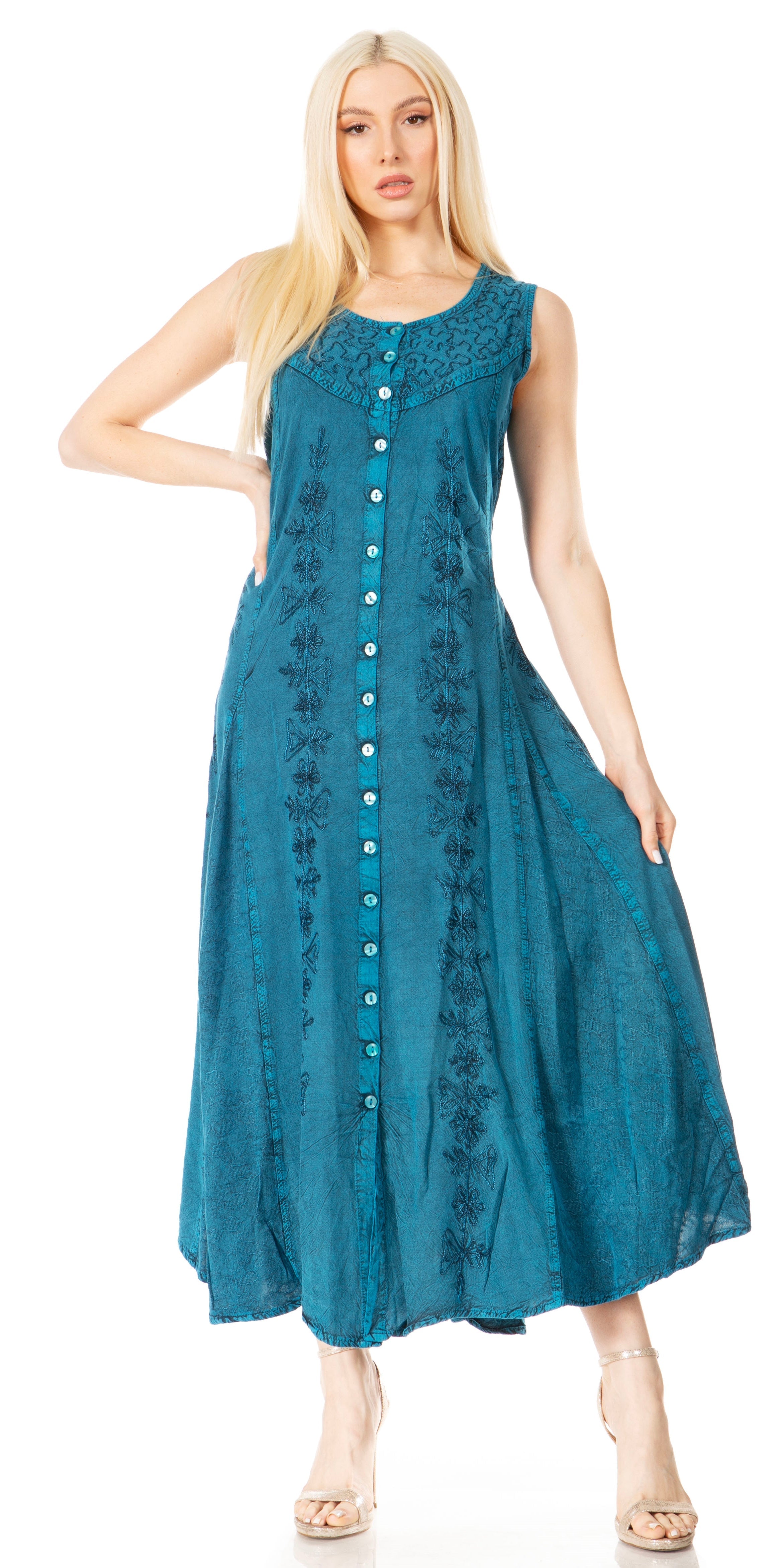 Sakkas - Maya Floral Embroidered Sleeveless Button Up Rayon Dress