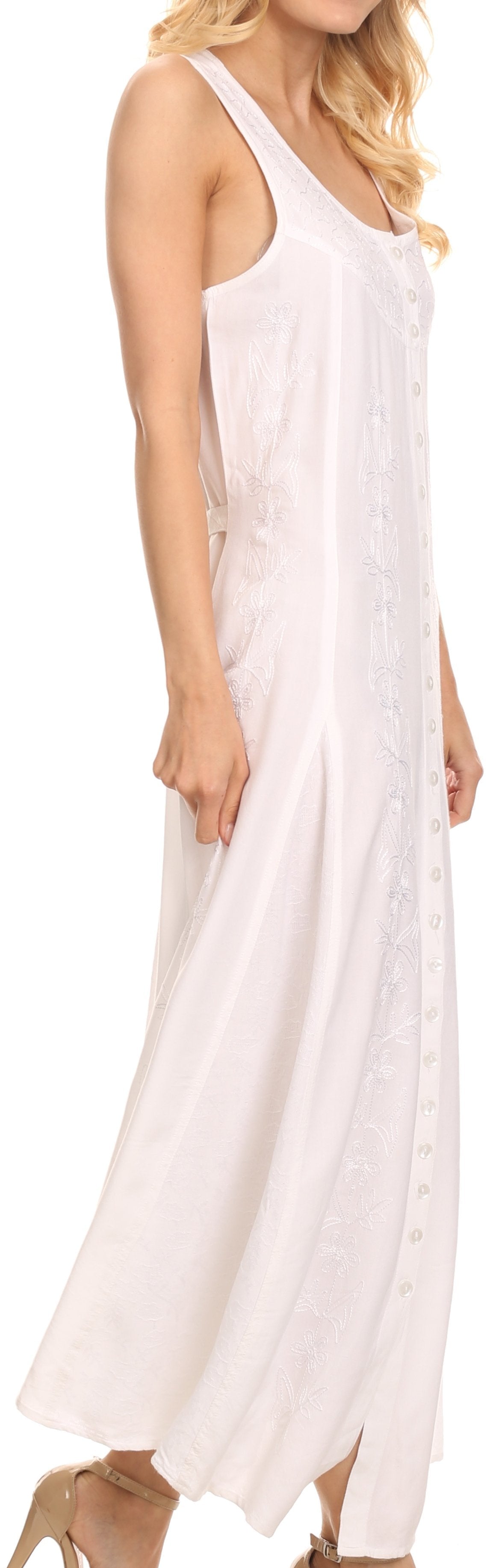 Sakkas - Maya Floral Embroidered Sleeveless Button Up Rayon Dress