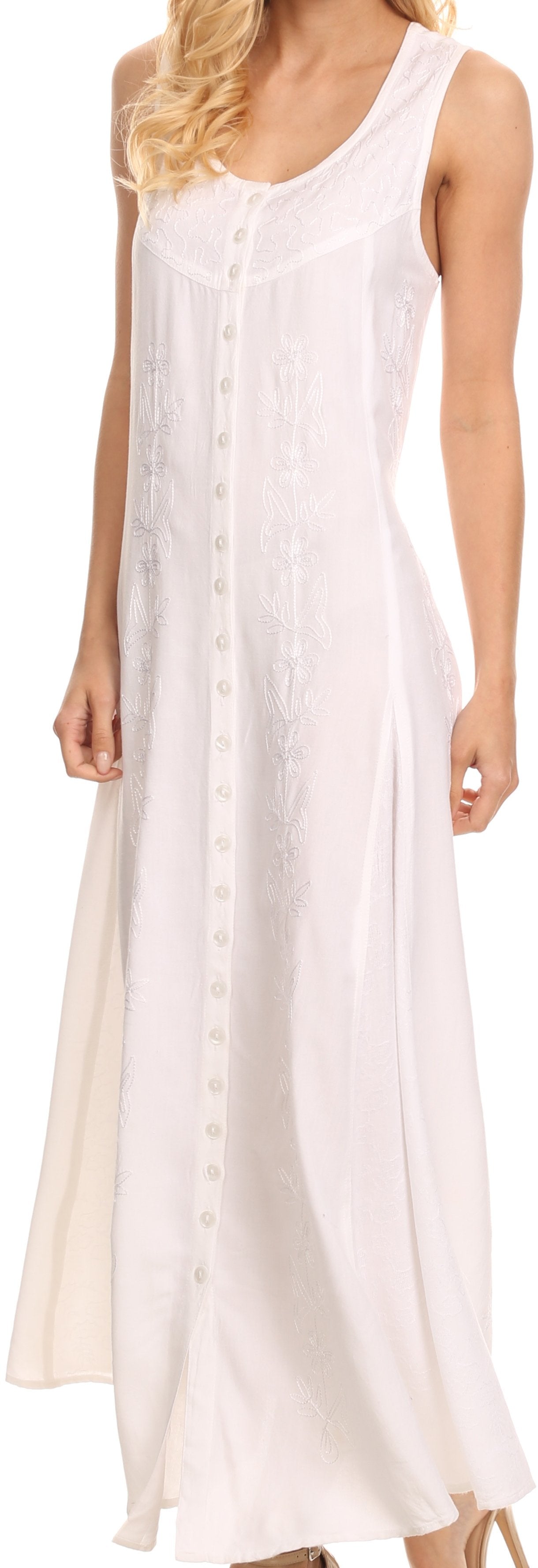 Sakkas - Maya Floral Embroidered Sleeveless Button Up Rayon Dress