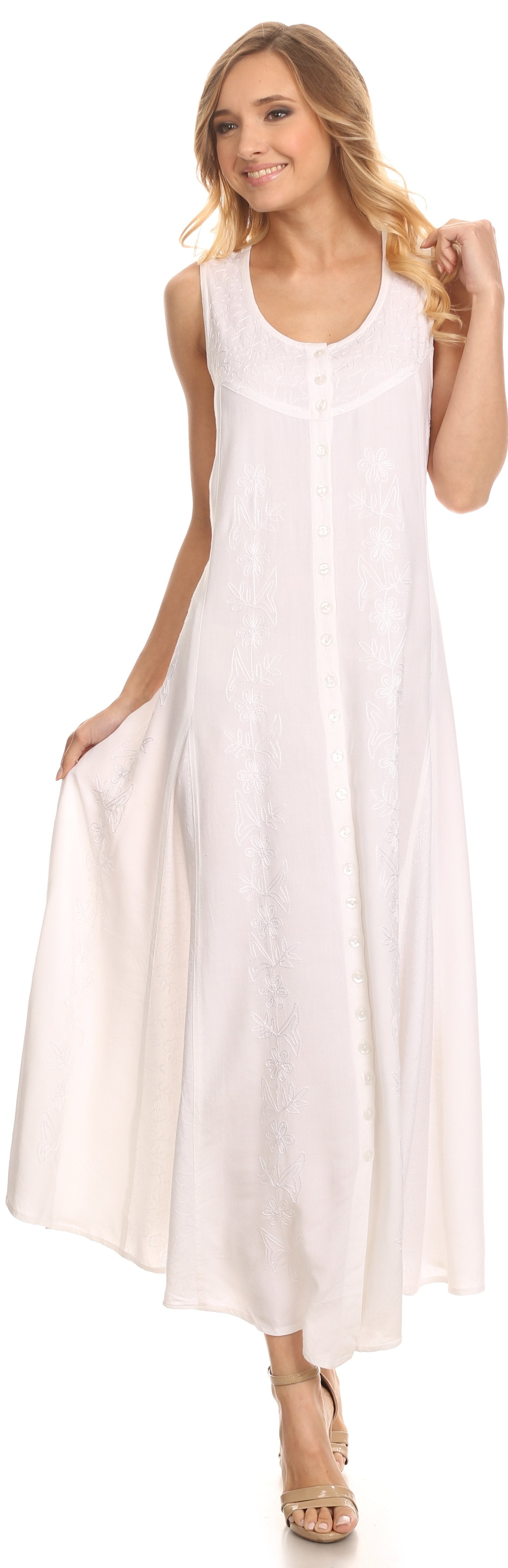 Sakkas - Maya Floral Embroidered Sleeveless Button Up Rayon Dress
