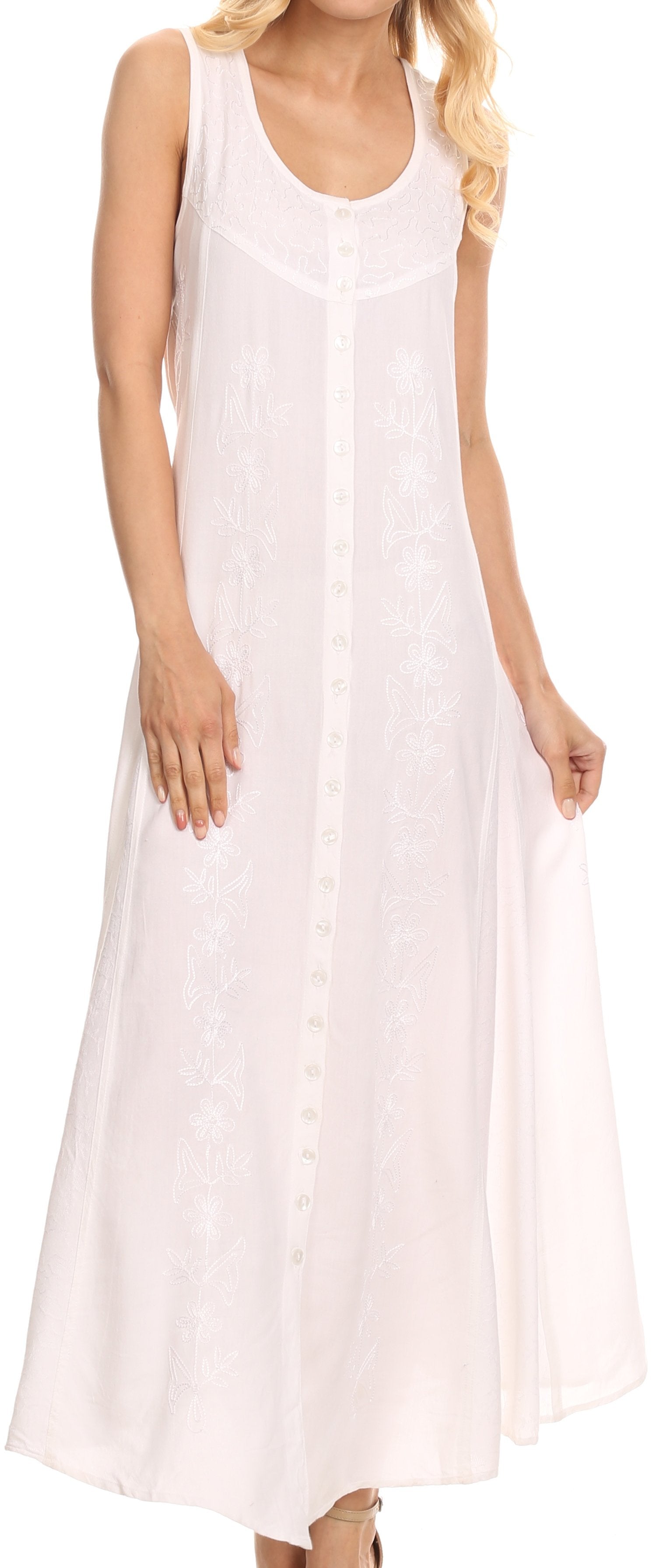 Sakkas - Maya Floral Embroidered Sleeveless Button Up Rayon Dress