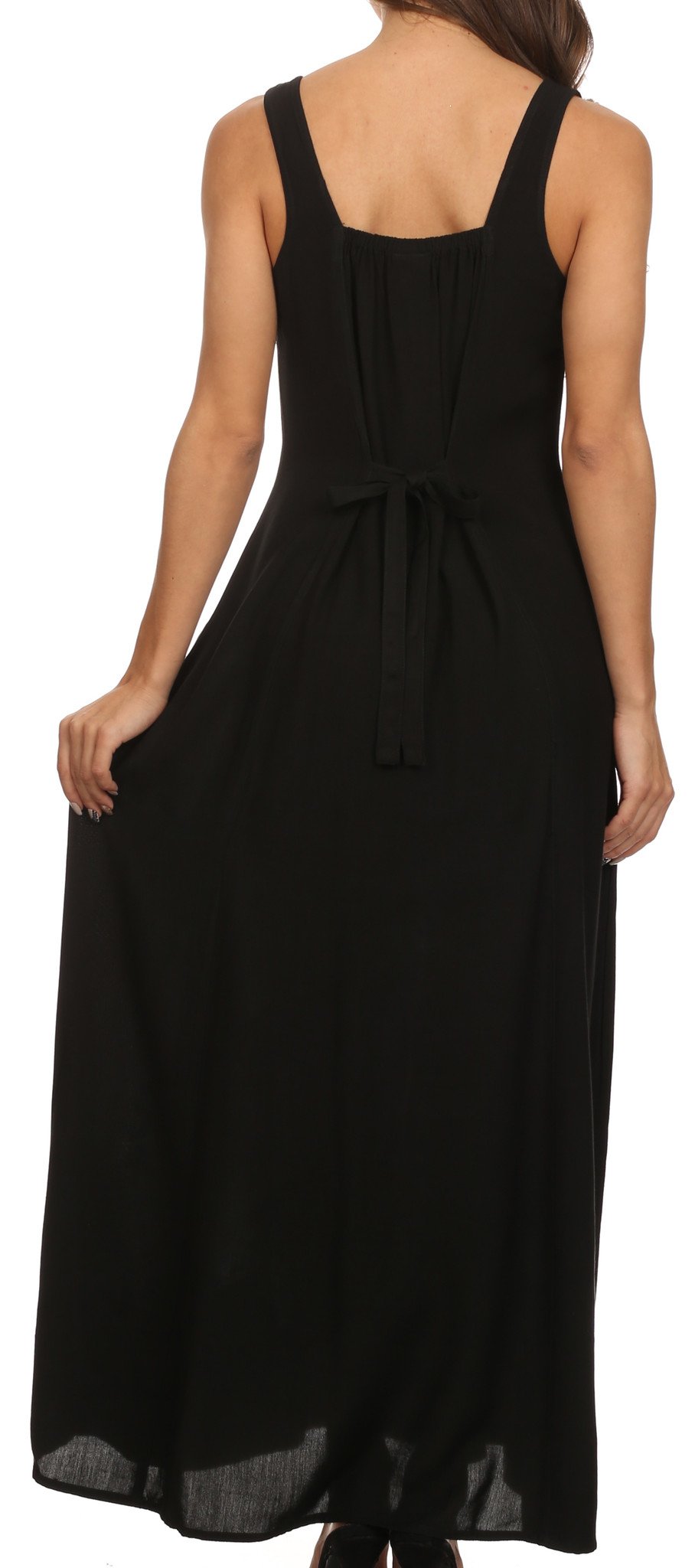 Black sleeveless dress with a tie waist on a white background