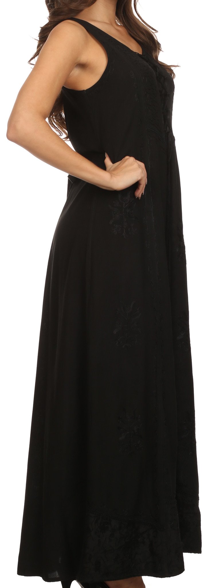 Black sleeveless dress worn by a person on a white background