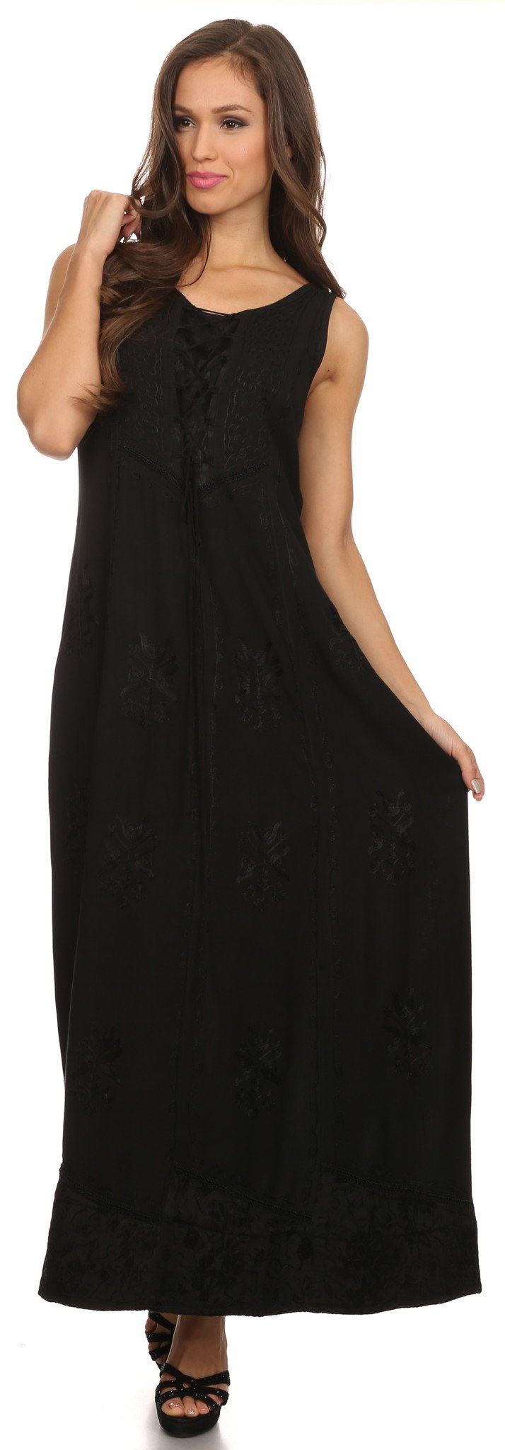 Woman wearing a black sleeveless maxi dress on a white background