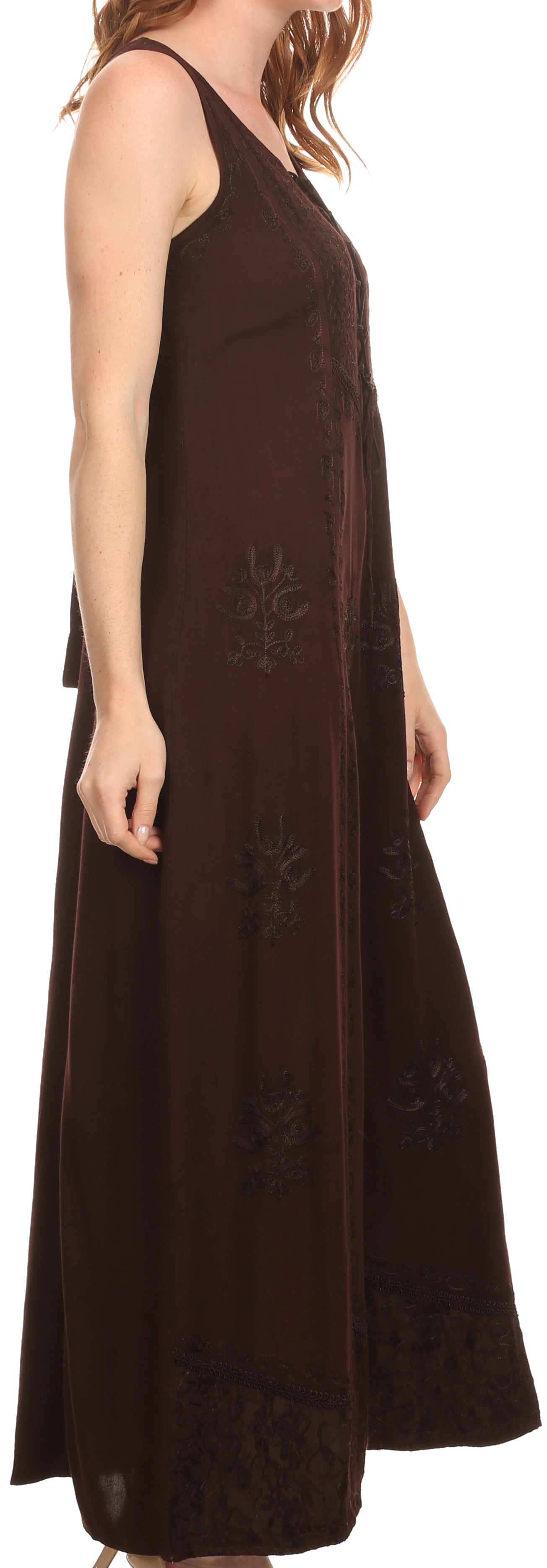 Brown sleeveless dress with floral embroidery on a white background