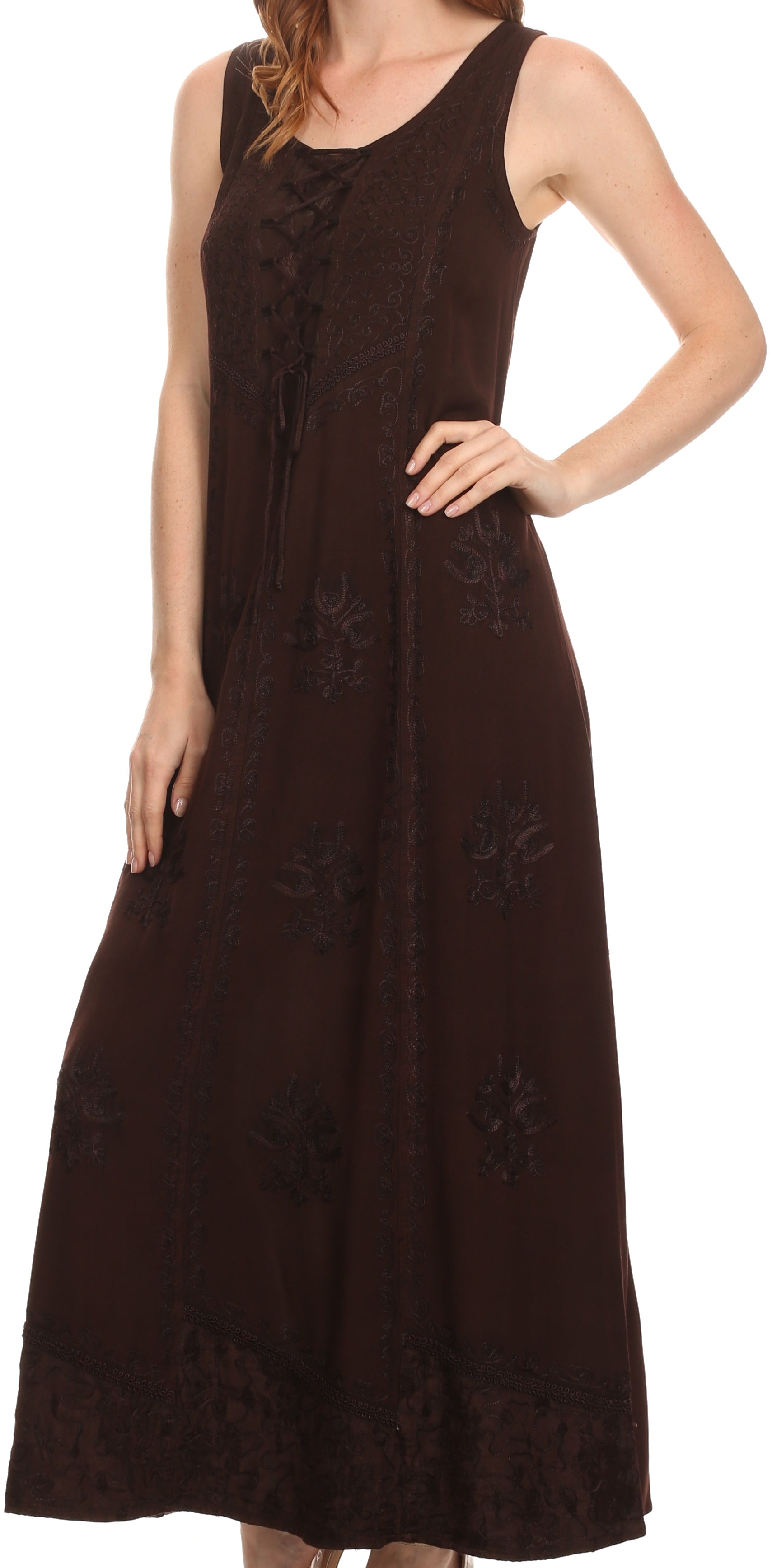 Brown sleeveless dress with floral patterns on a white background