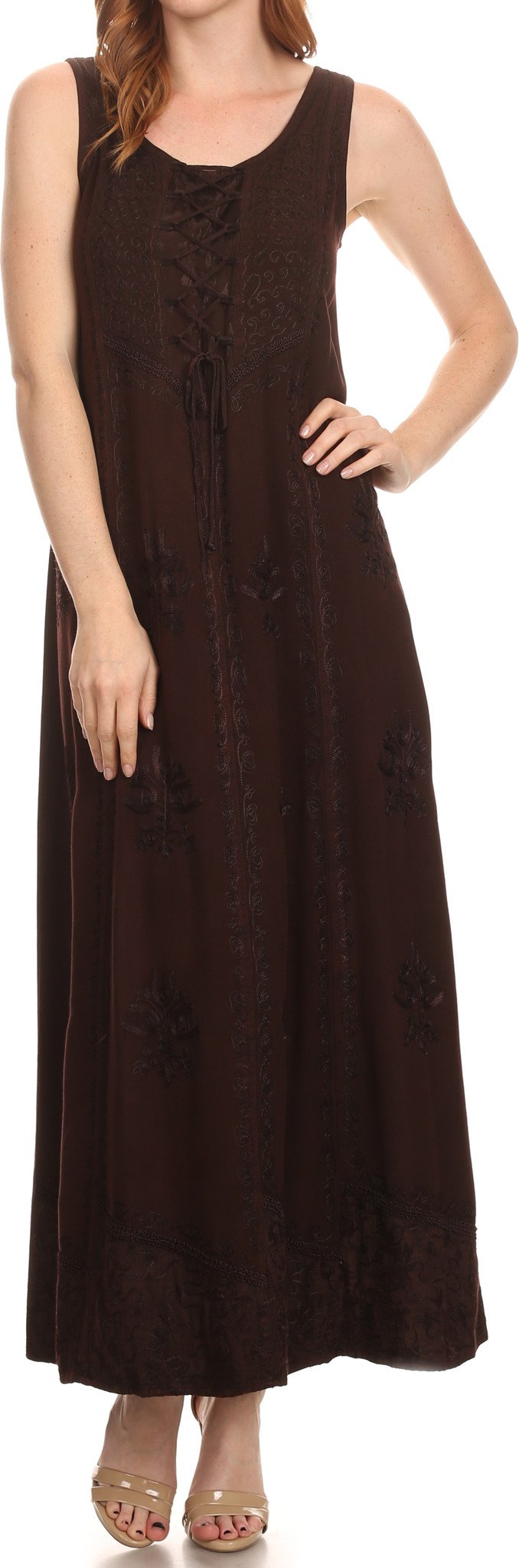 Woman wearing a brown sleeveless dress on a white background