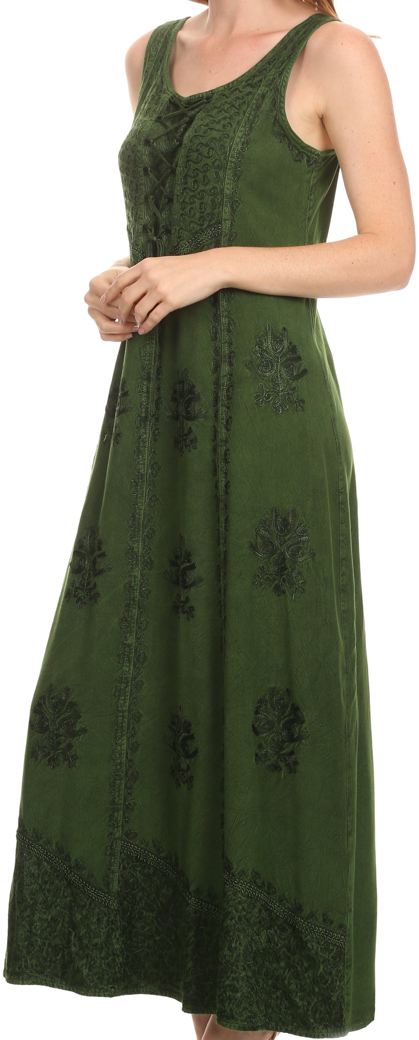 Green dress with floral embroidery on a plain background