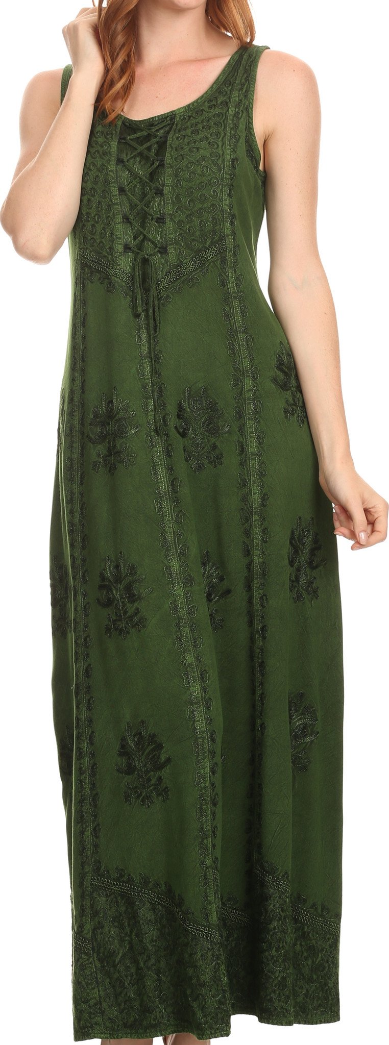 Green sleeveless dress with lace details on a white background