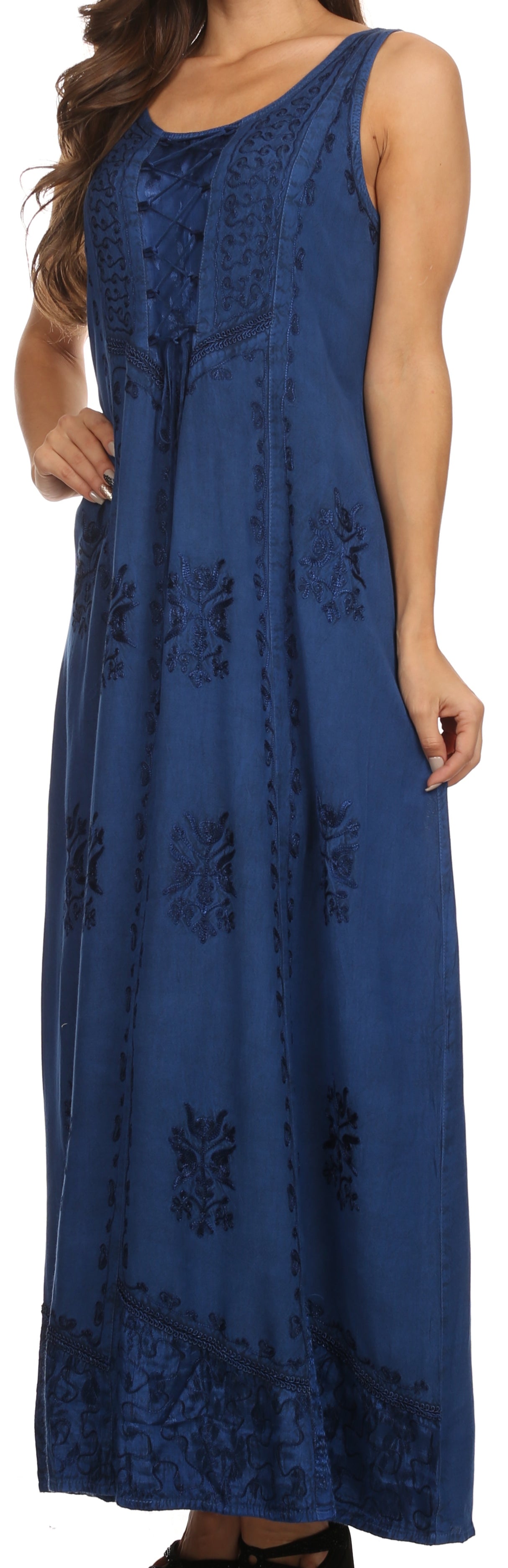 Blue sleeveless dress with lace details on a white background