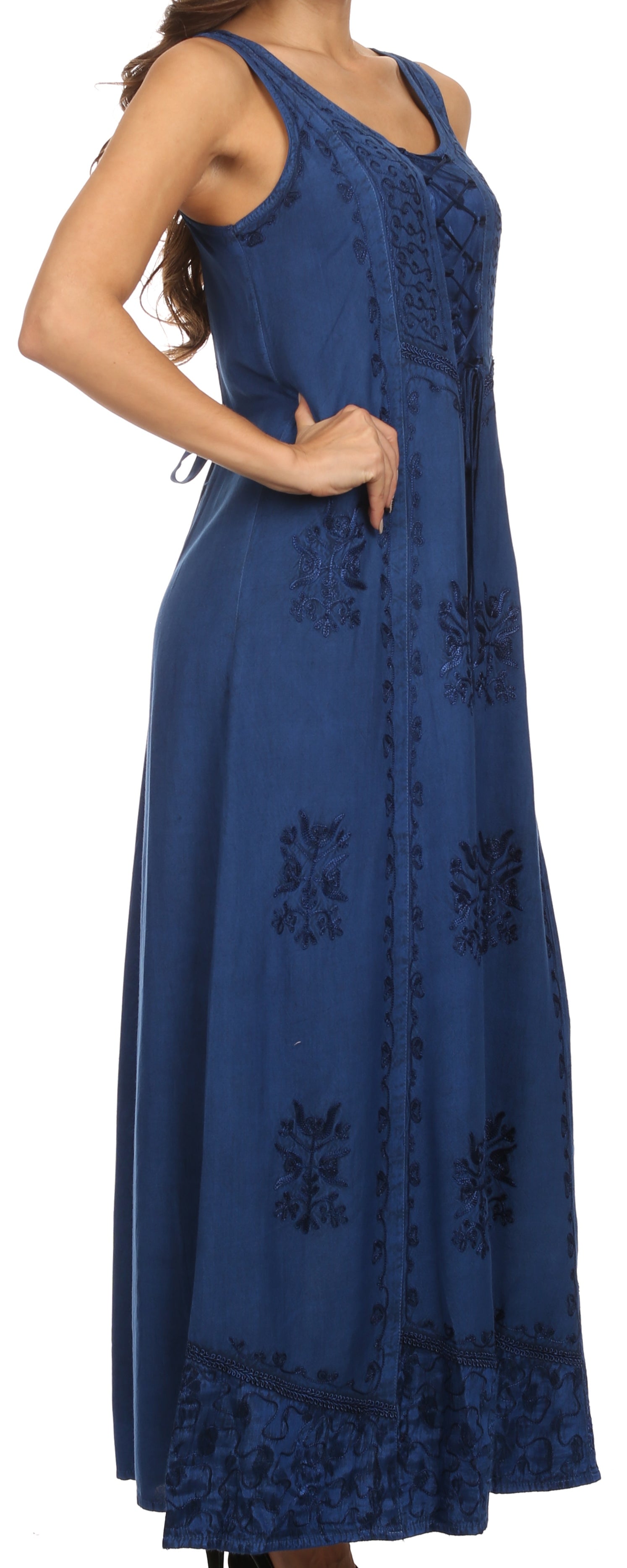 Blue dress with floral embroidery on a white background