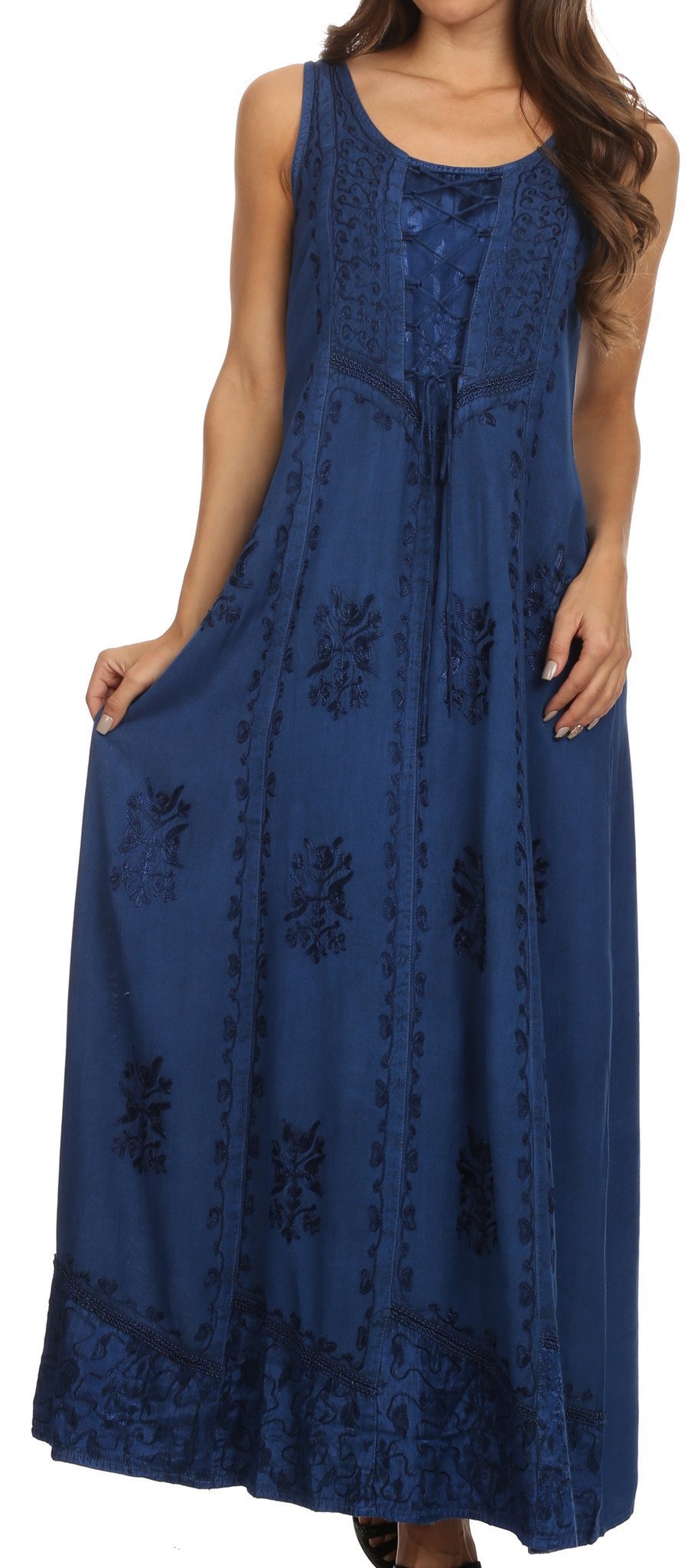 Blue sleeveless dress with floral patterns on a white background