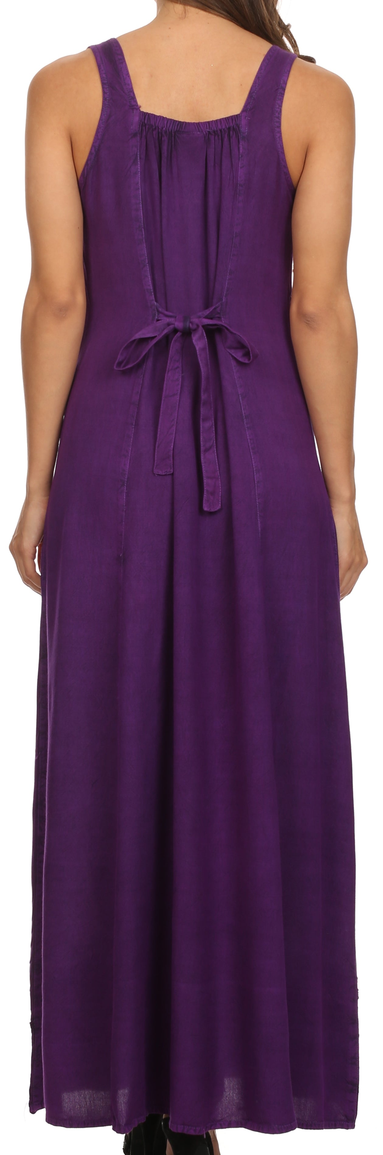 Purple sleeveless dress with a tie waist on a plain background