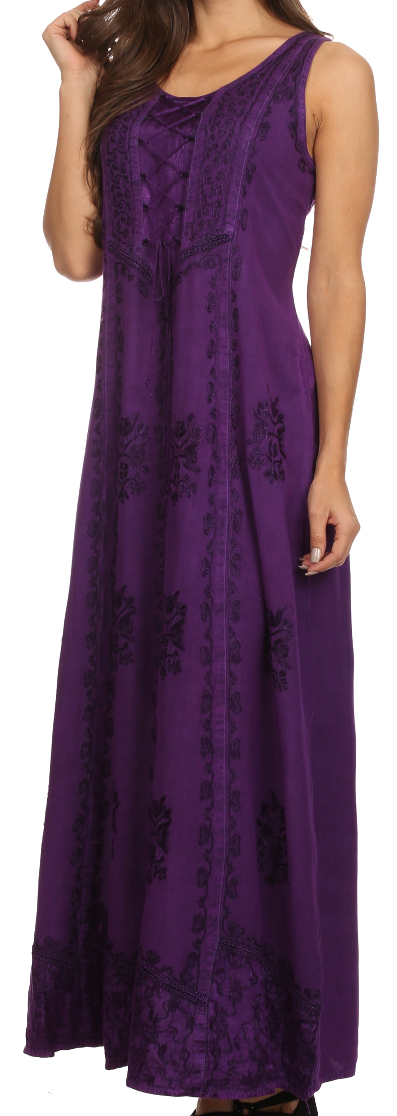 Purple dress with floral patterns on a plain background