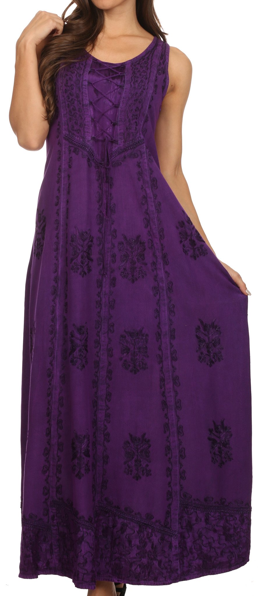 Purple dress with black floral patterns on a white background