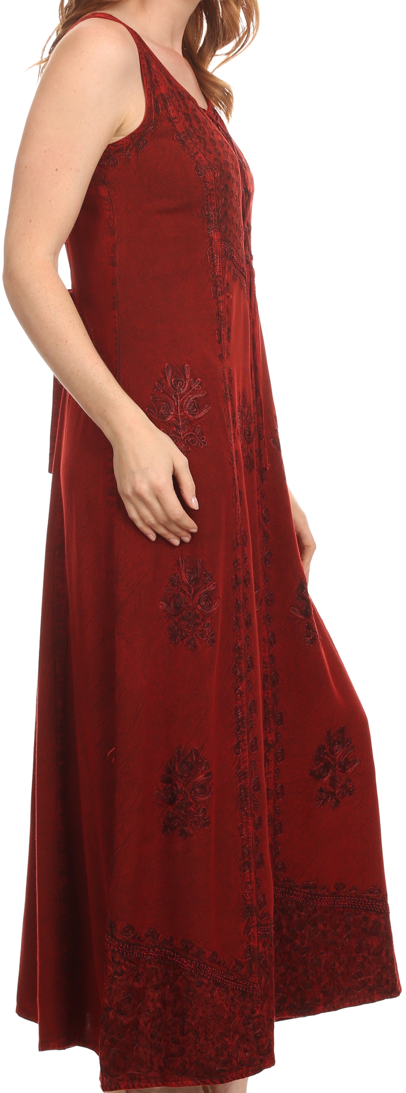 Red dress with floral embroidery on a white background