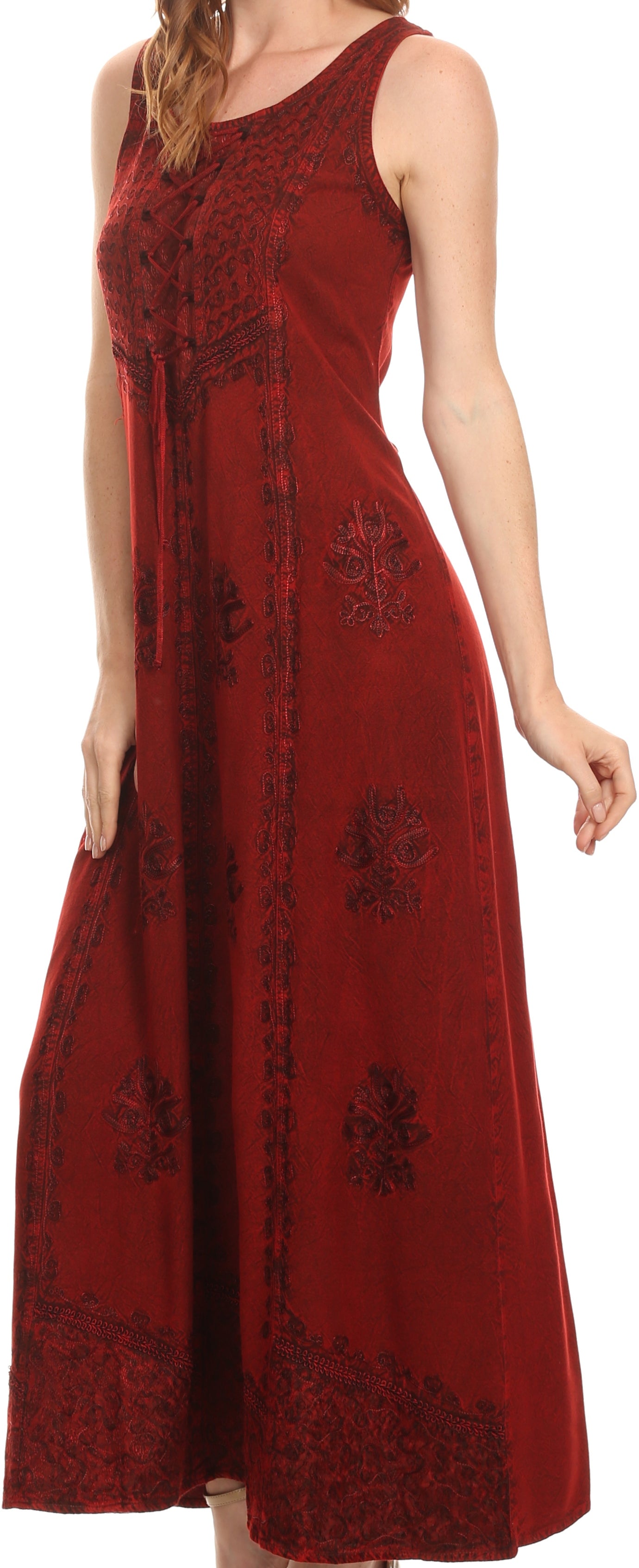 Red floral dress worn by a model on a white background