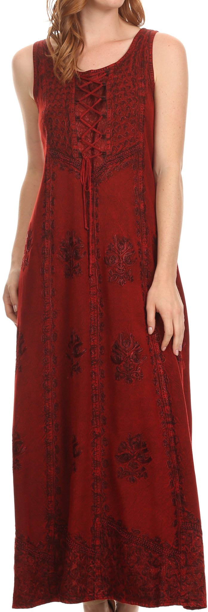 Woman wearing a red sleeveless dress with floral patterns