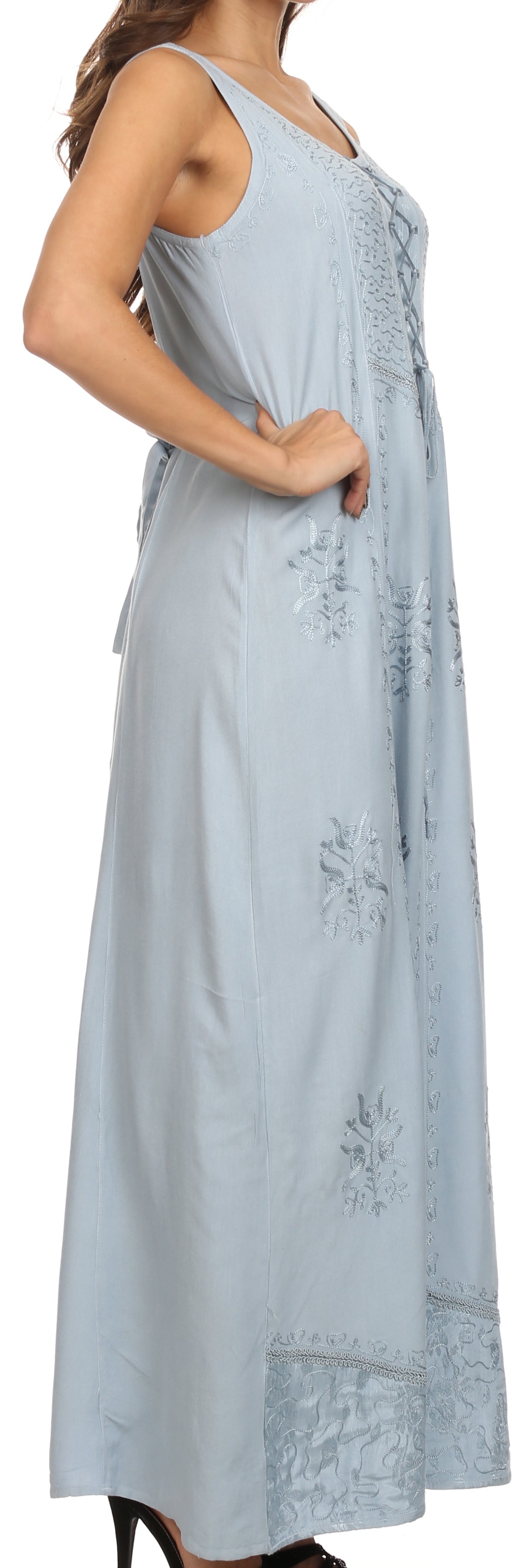 Light blue dress with floral embroidery on a white background
