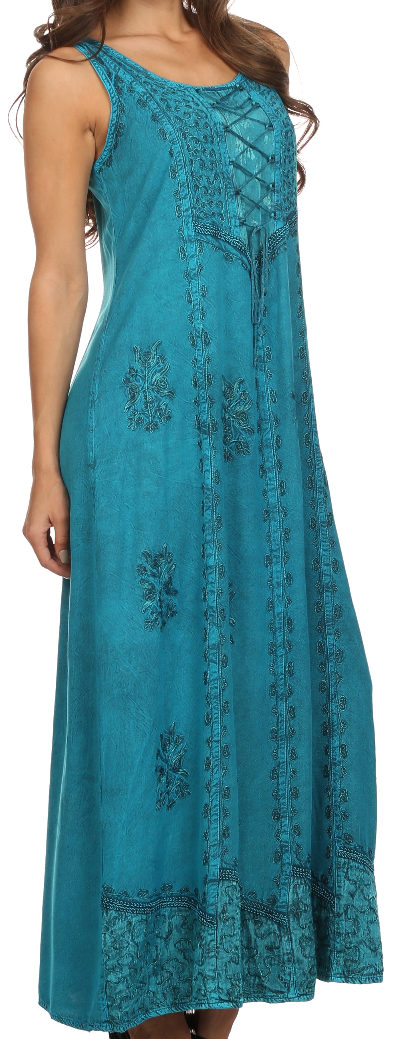 Teal sleeveless dress with embroidery on a white background