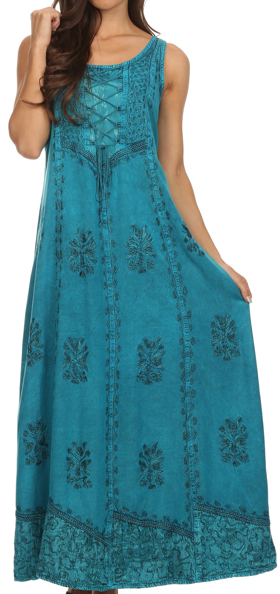 Teal sleeveless dress with floral patterns on a white background