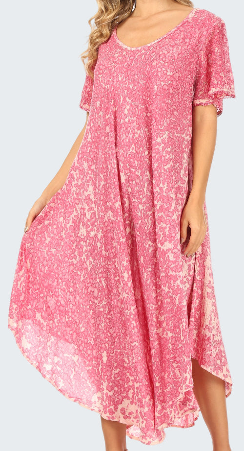 Pink floral dress worn by a model on a white background