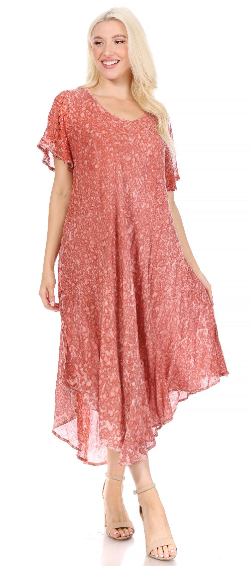 Woman wearing a red floral dress on a white background