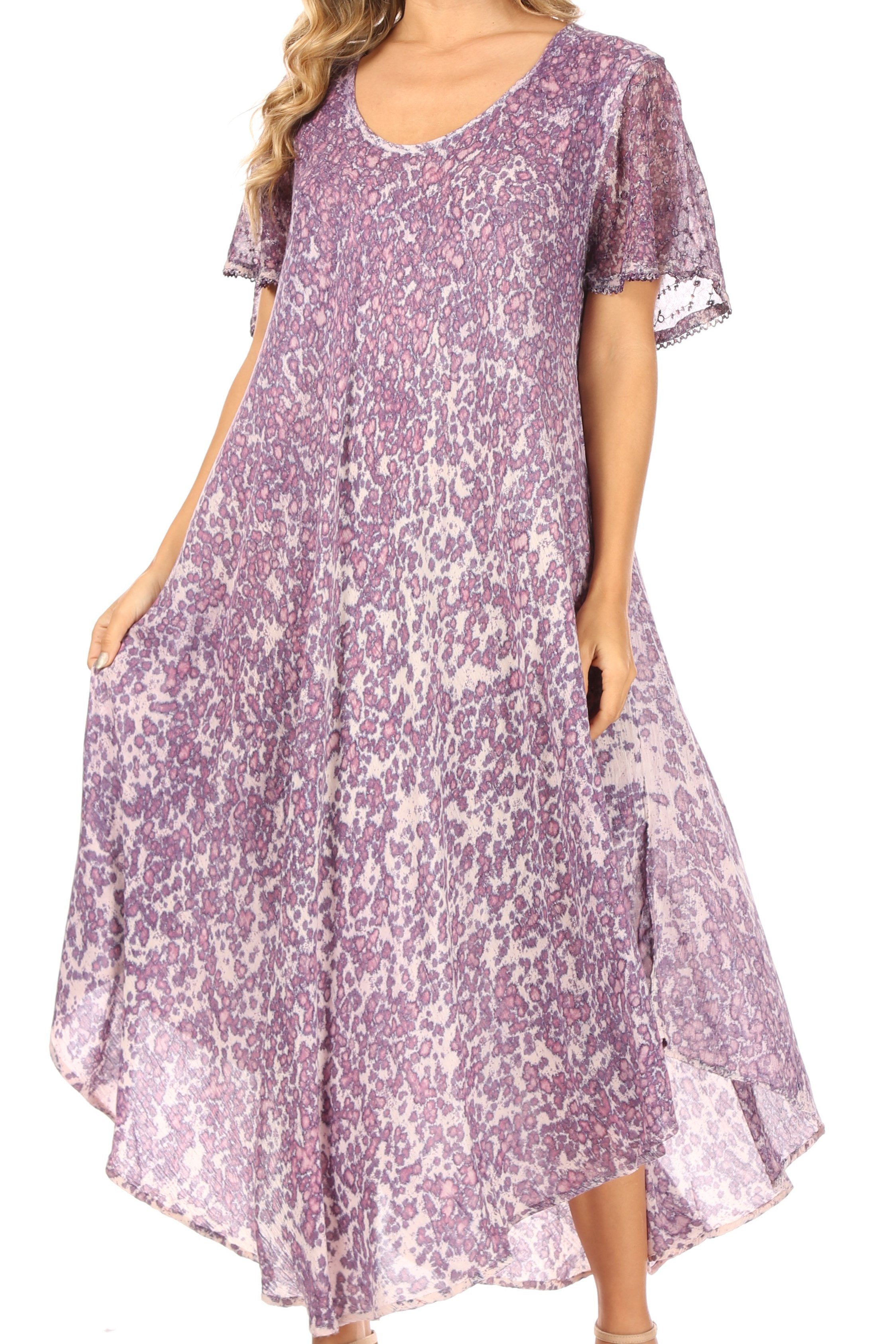 Purple floral dress worn by a person on a white background