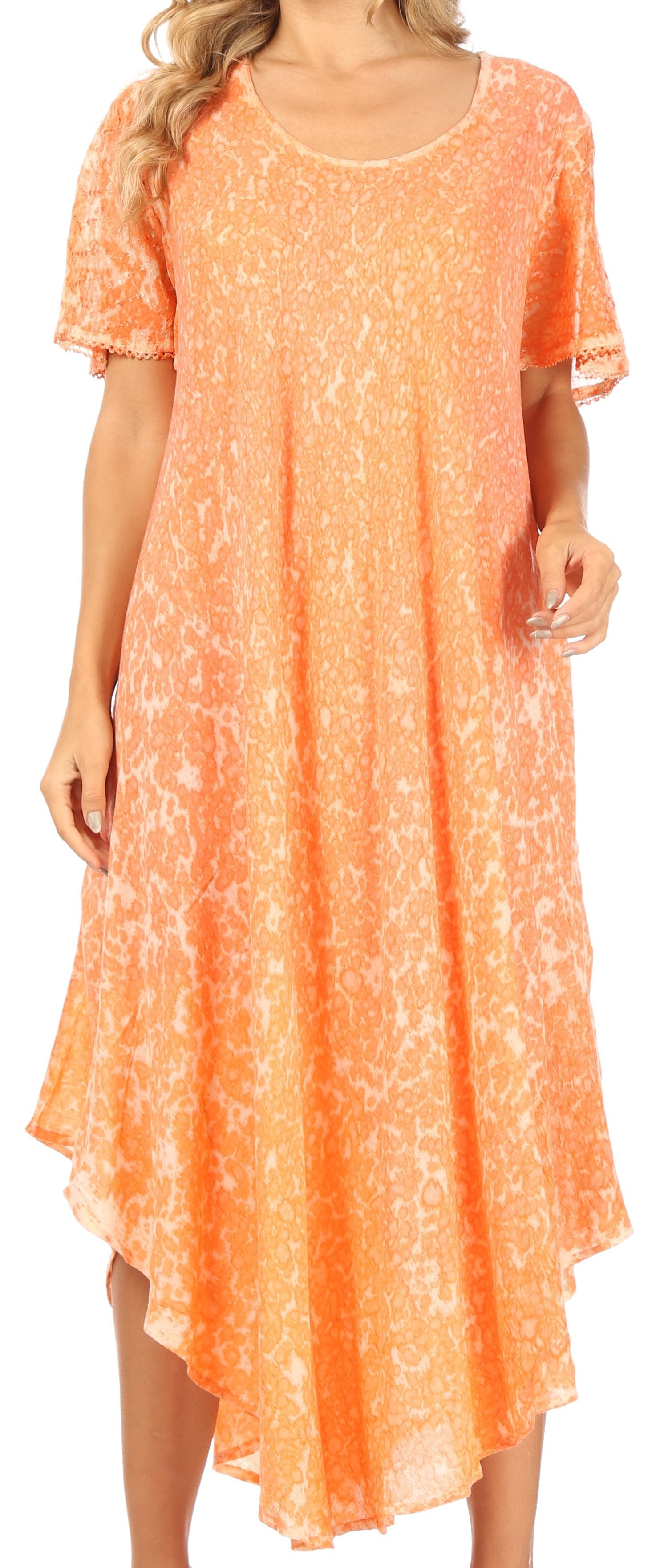 Orange floral dress worn by a person on a white background