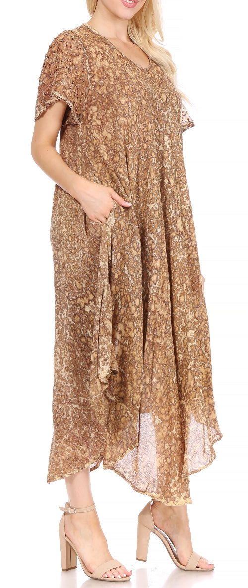Woman wearing a brown floral dress with beige sandals on a white background