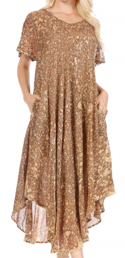 Woman wearing a brown floral dress on a white background
