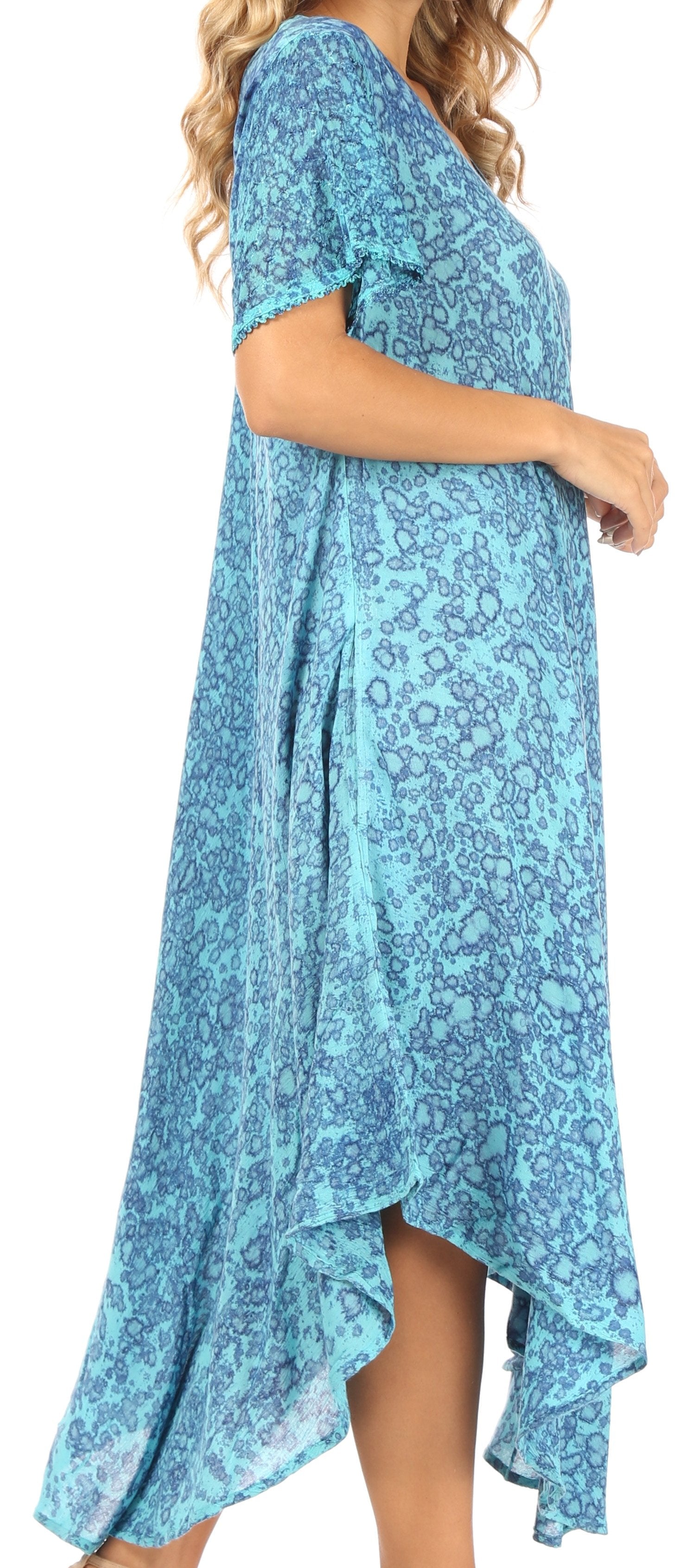 Blue floral dress with a hi-lo hem on a white background