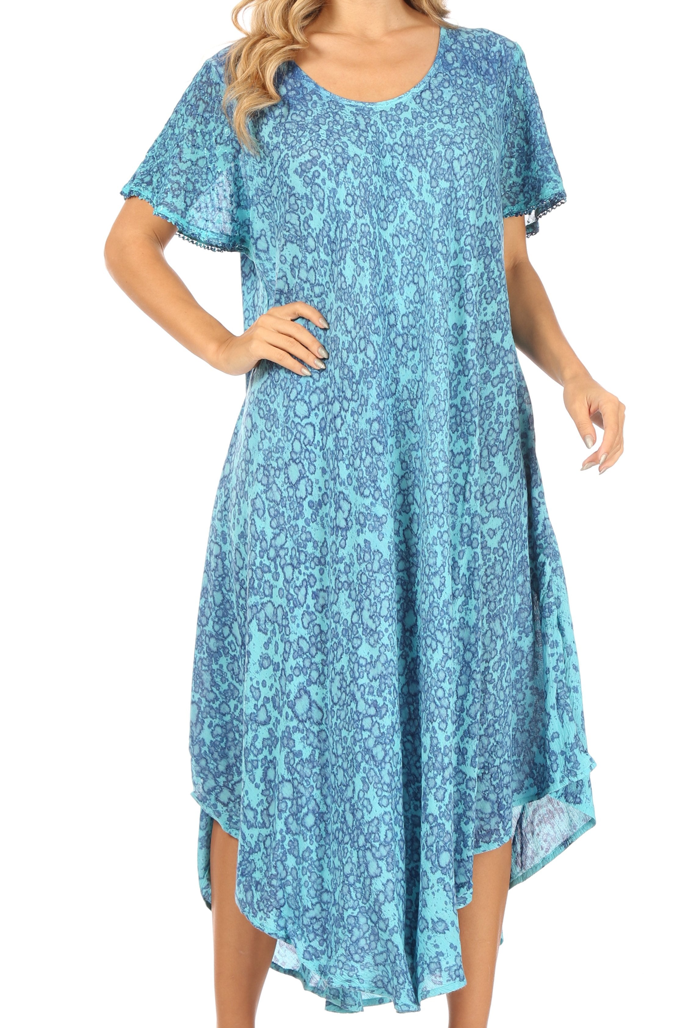 Blue floral dress worn by a model on a white background