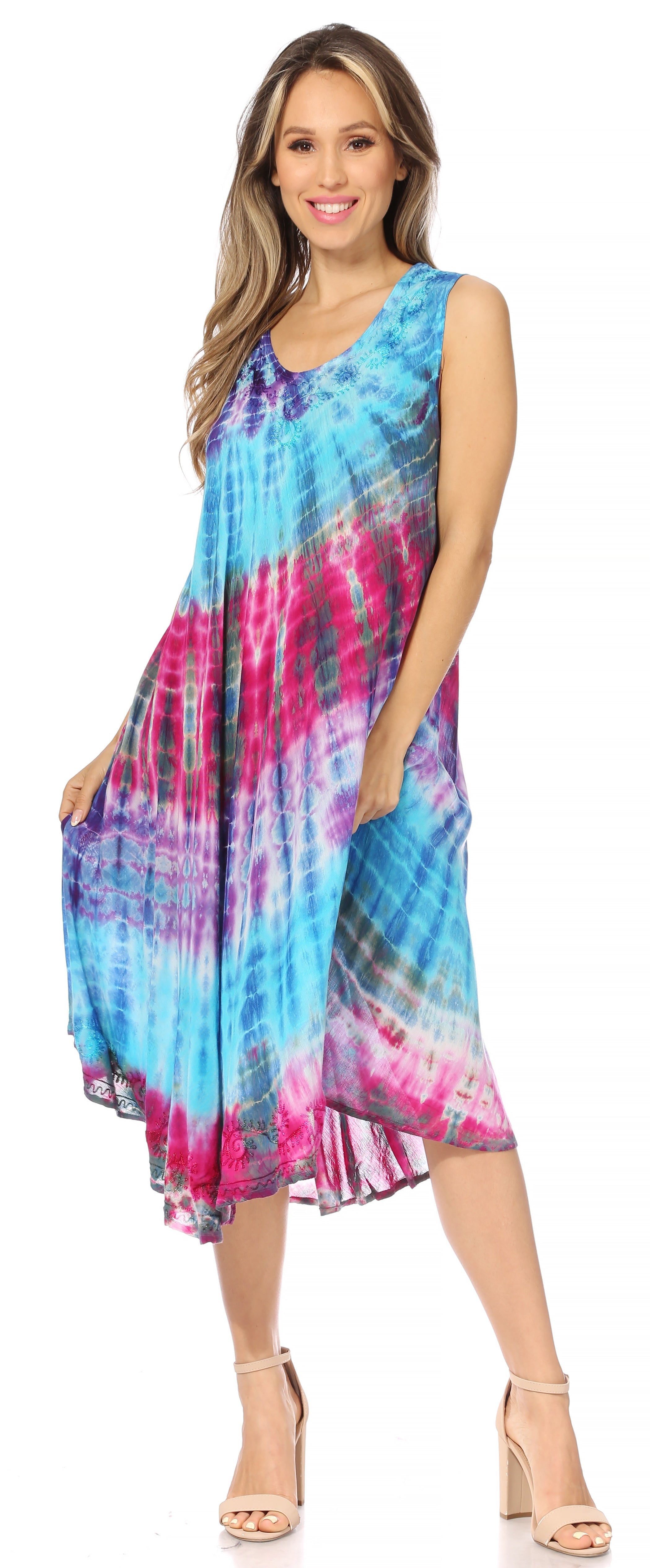 Sakkas - Nora Sleeveless Embroidered Short Tie Dye Caftan