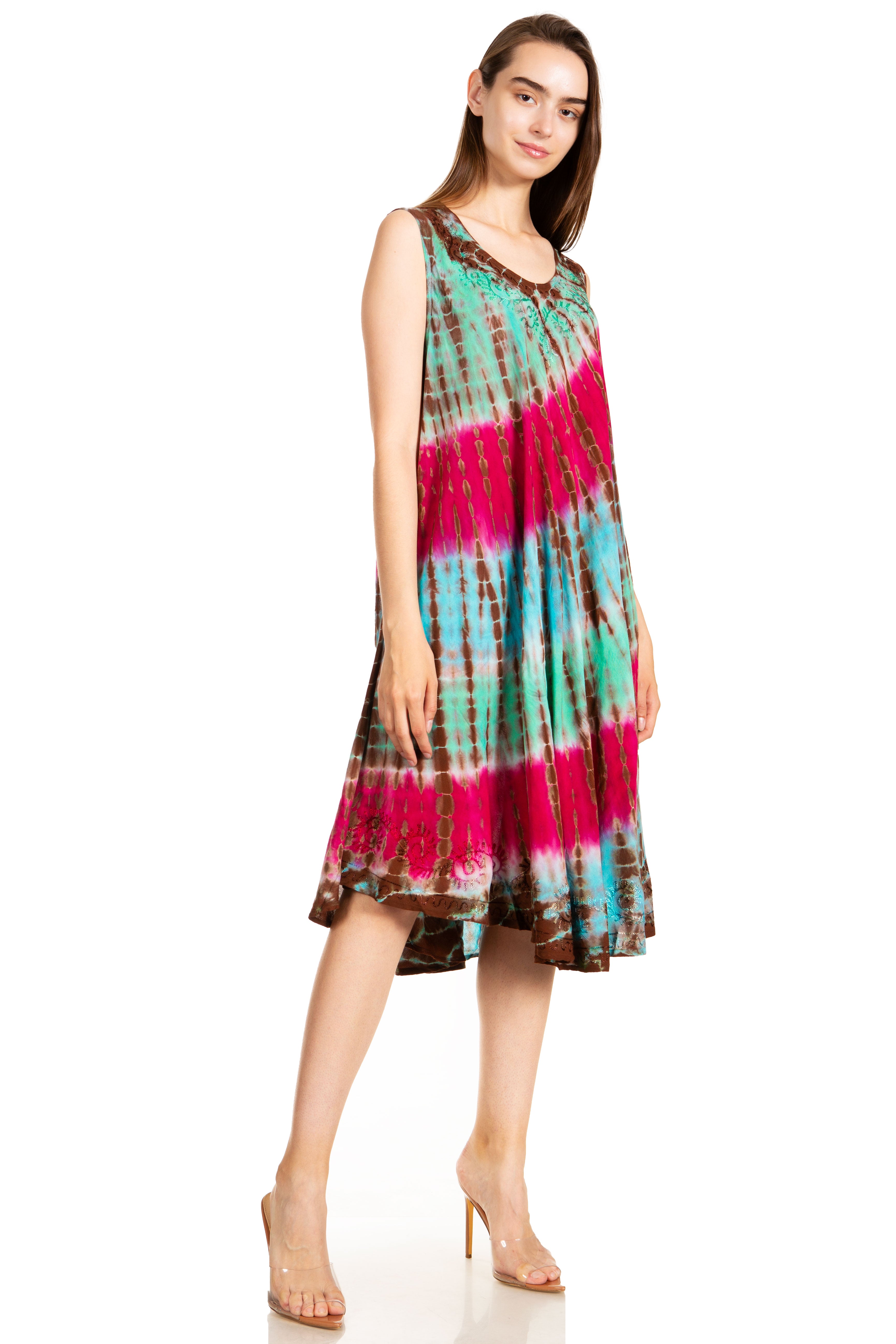 Sakkas - Nora Sleeveless Embroidered Short Tie Dye Caftan