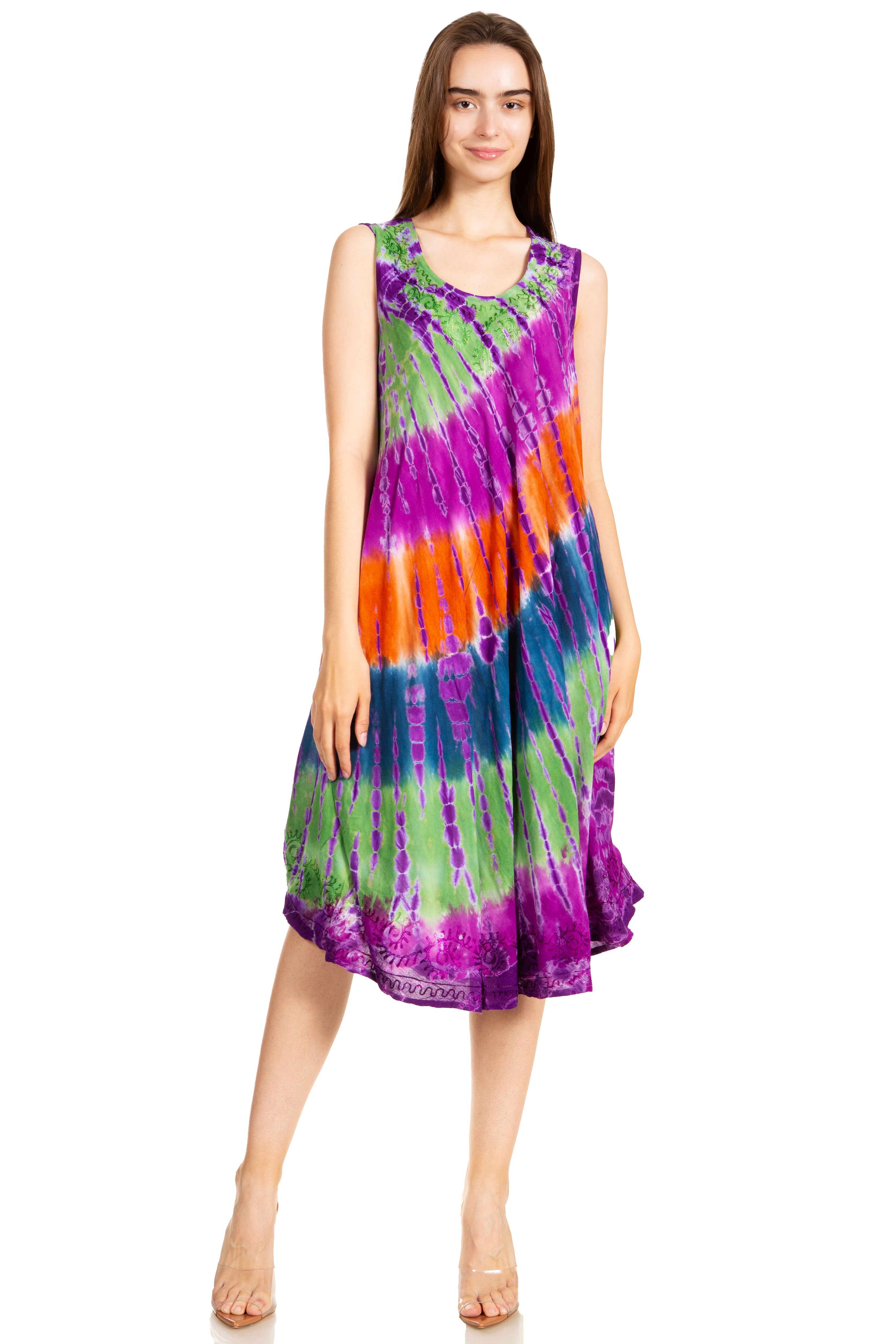 Sakkas - Nora Sleeveless Embroidered Short Tie Dye Caftan