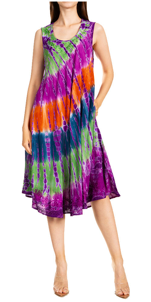 Sakkas - Nora Sleeveless Embroidered Short Tie Dye Caftan