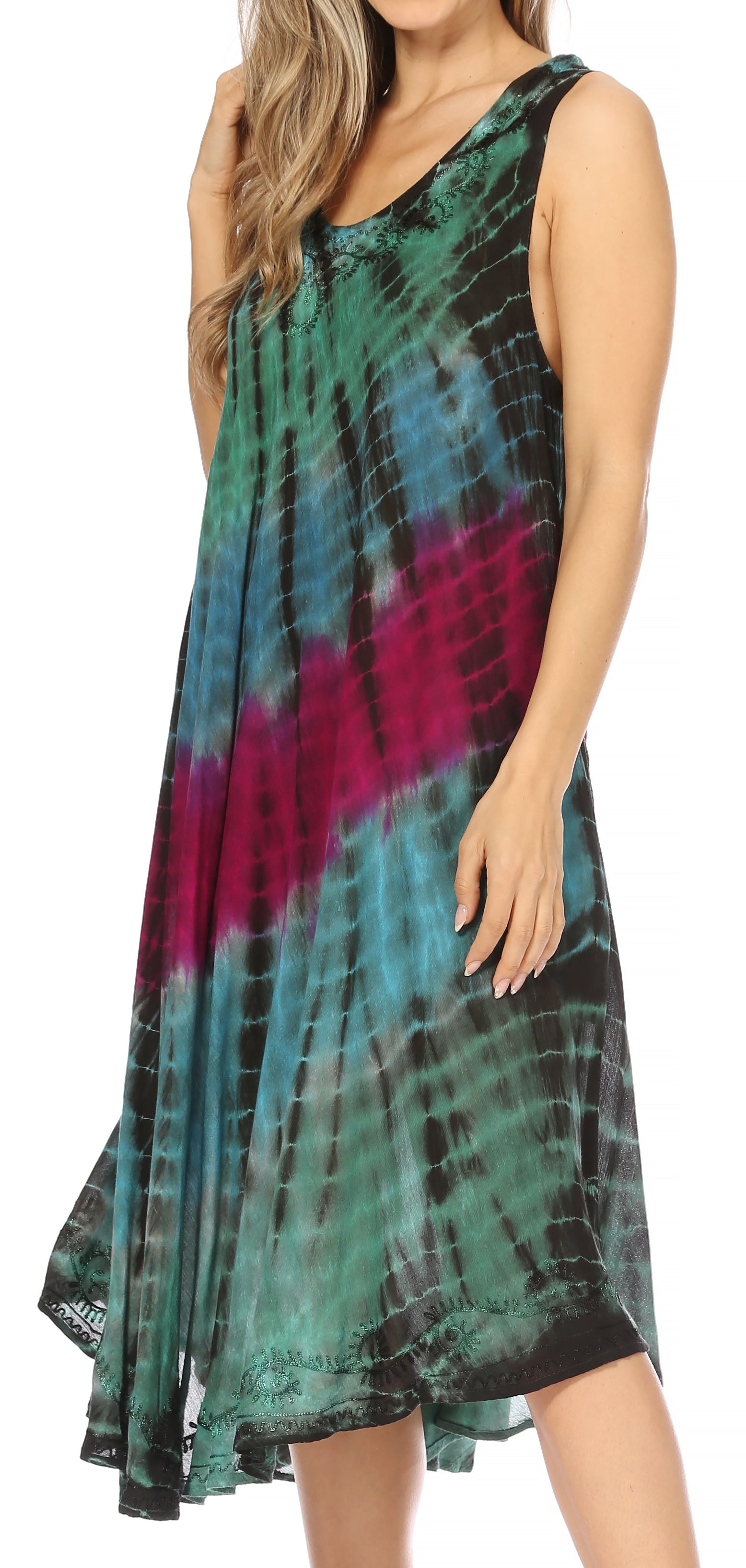 Sakkas - Nora Sleeveless Embroidered Short Tie Dye Caftan