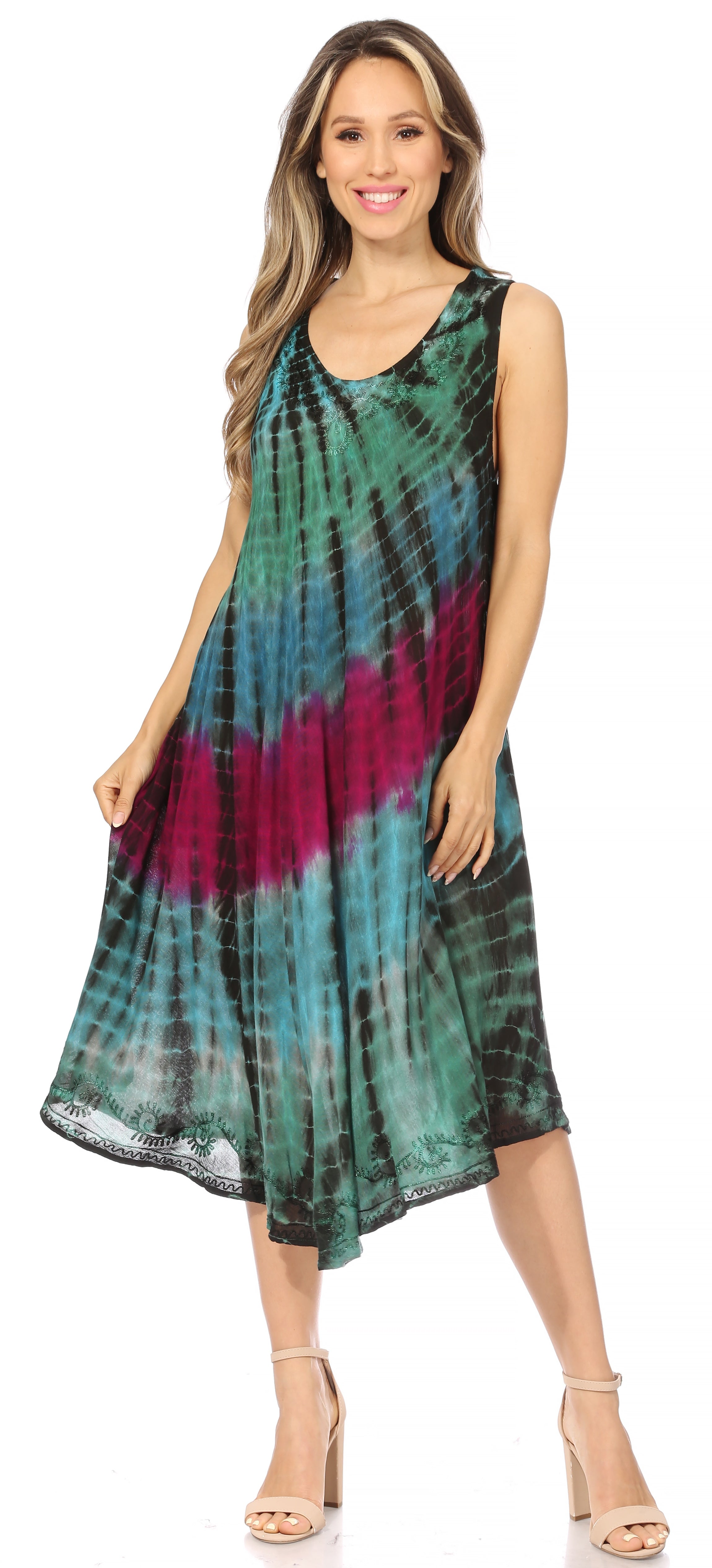 Sakkas - Nora Sleeveless Embroidered Short Tie Dye Caftan