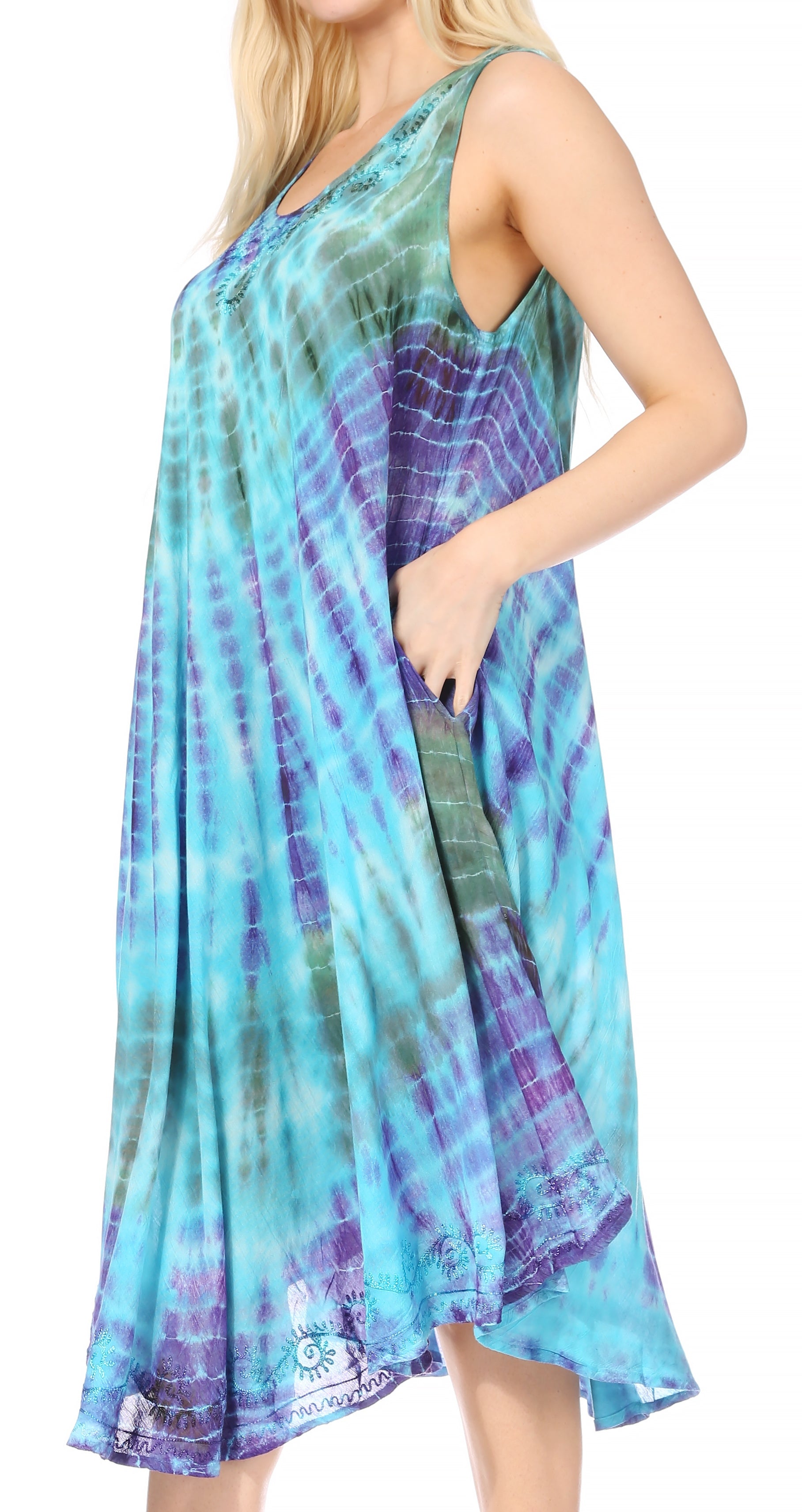 Sakkas - Nora Sleeveless Embroidered Short Tie Dye Caftan
