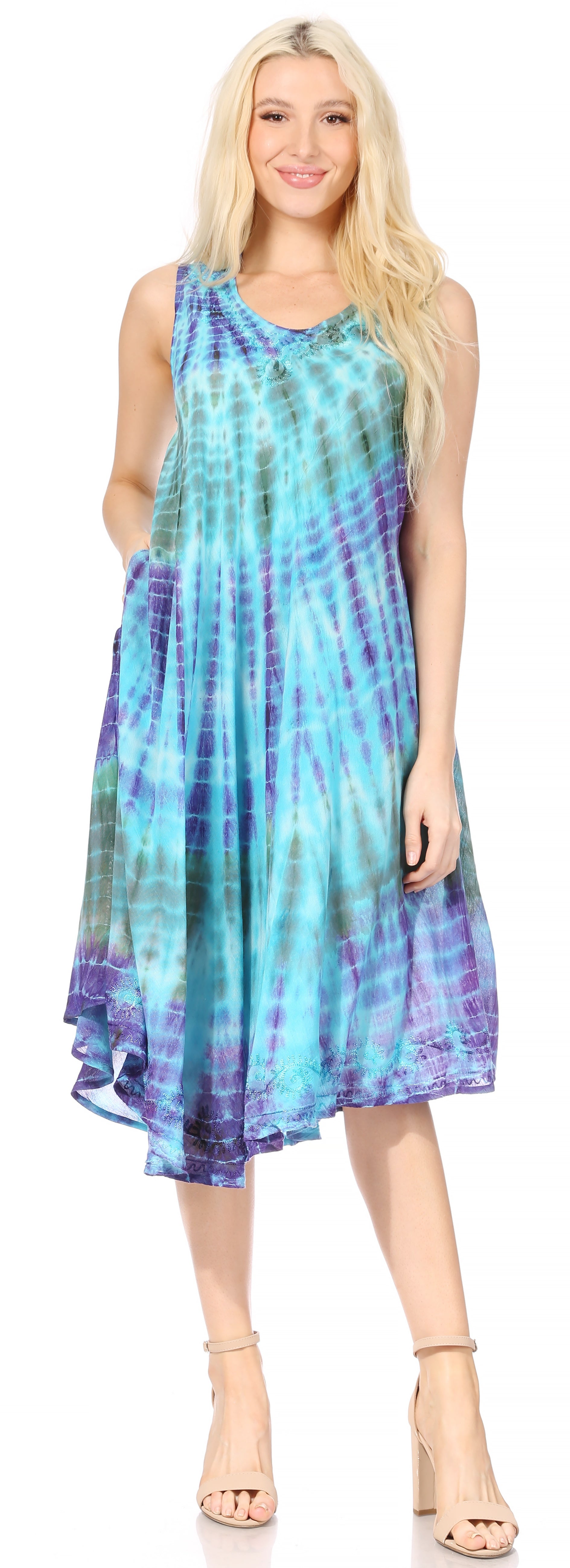 Sakkas - Nora Sleeveless Embroidered Short Tie Dye Caftan
