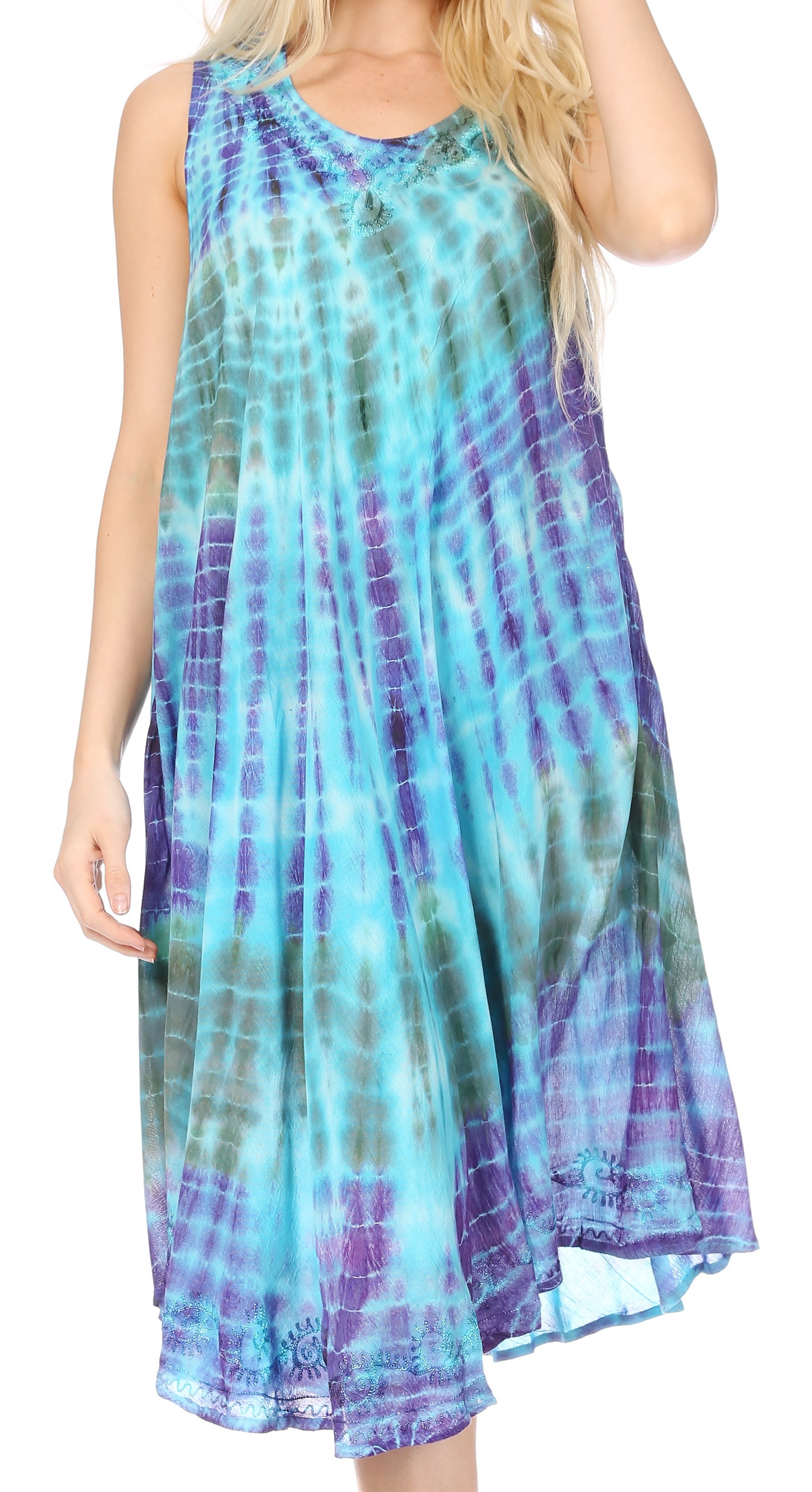 Sakkas - Nora Sleeveless Embroidered Short Tie Dye Caftan