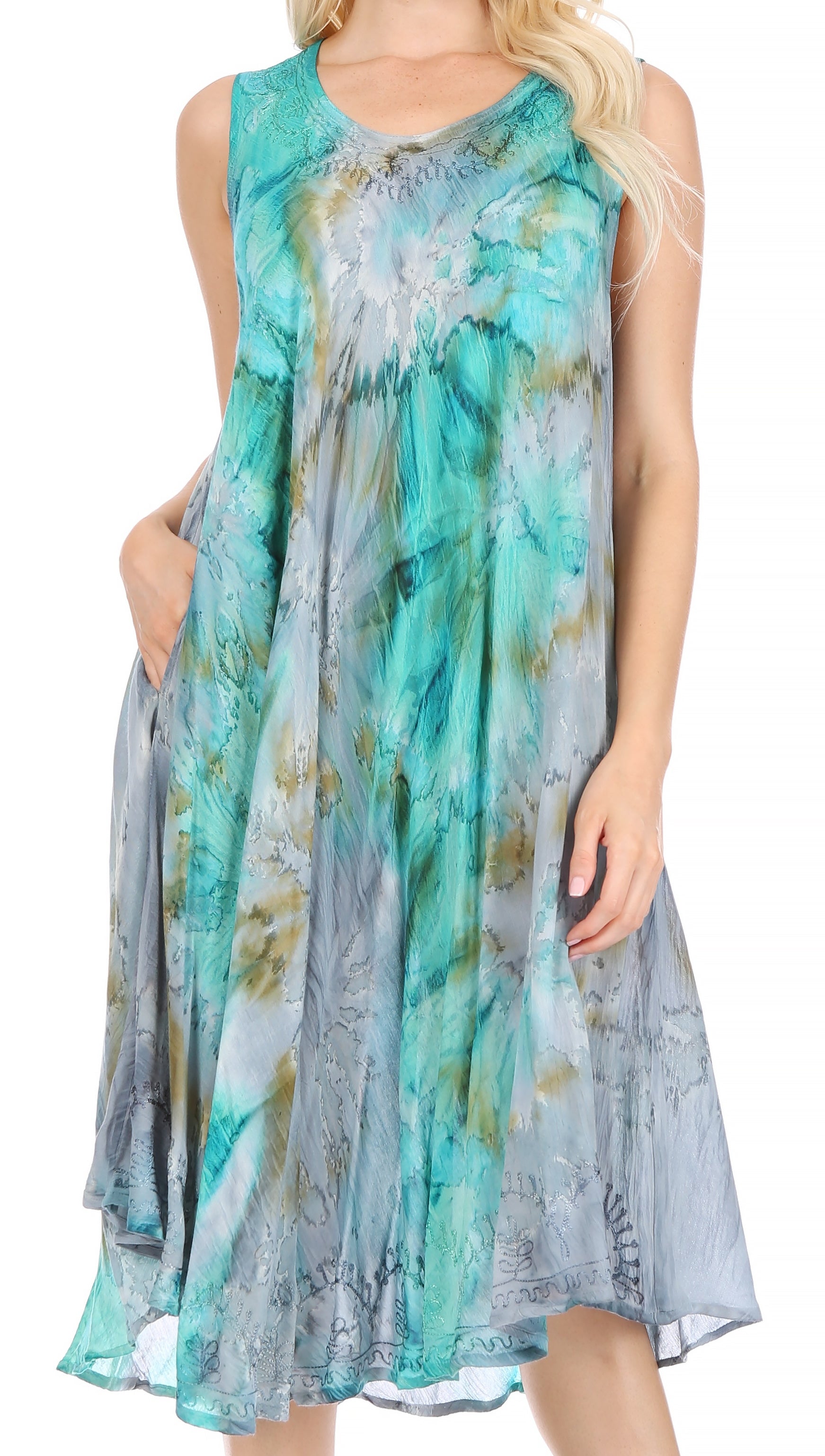 Sakkas - Nora Sleeveless Embroidered Short Tie Dye Caftan