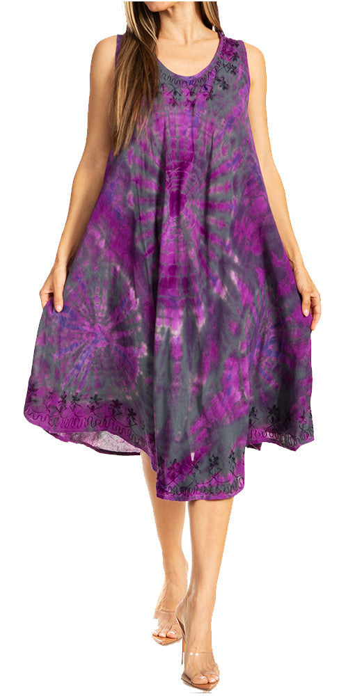 Sakkas - Nora Sleeveless Embroidered Short Tie Dye Caftan