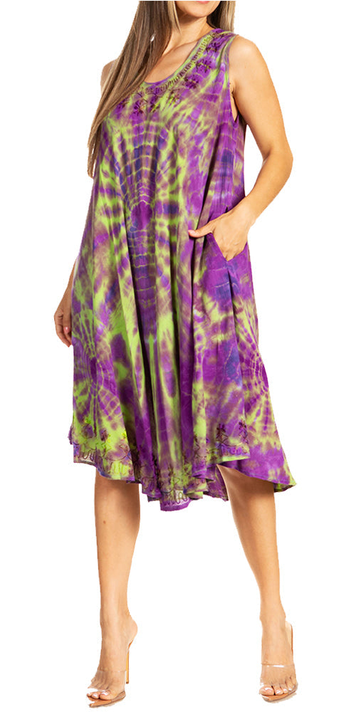 Sakkas - Nora Sleeveless Embroidered Short Tie Dye Caftan